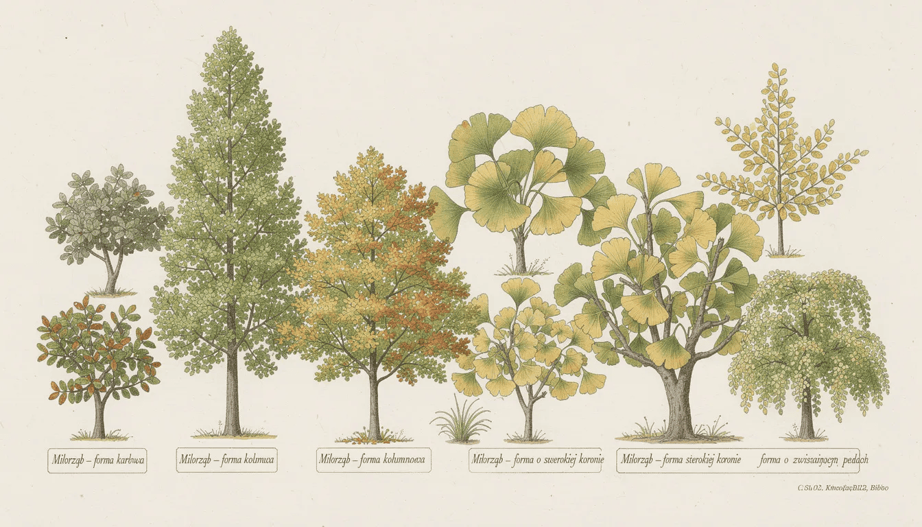 Na zdjęciu przedstawione są różne odmiany miłorzębu, w tym miłorząb dwuklapowy i miłorząb japoński, ukazujące różnorodność pokrojów, rozmiarów oraz kształtów liści. W tle widoczne są również młode sadzonki oraz egzemplarze męskie, co podkreśla dekoracyjny charakter tych drzew w ogrodzie.