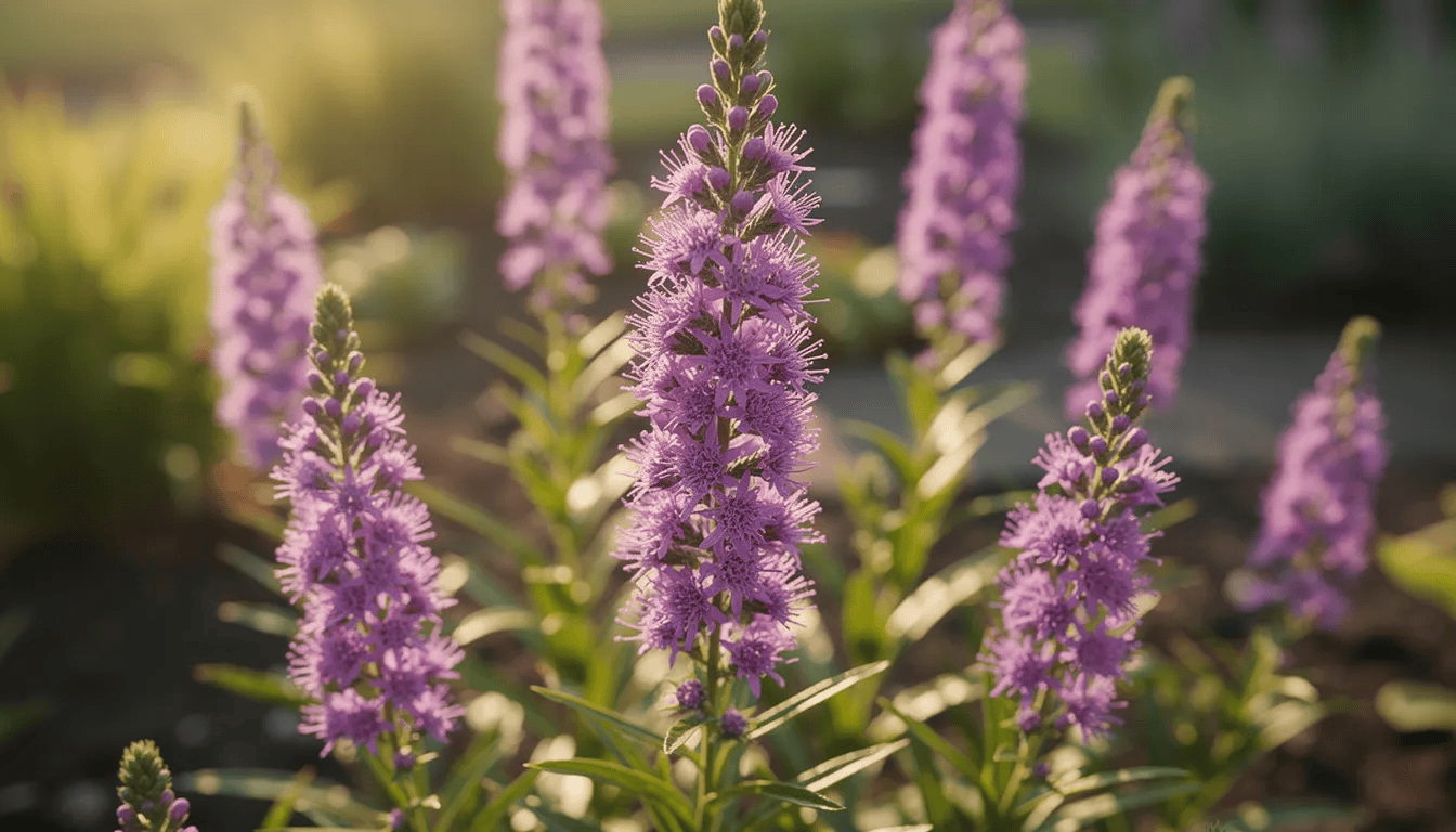 Na obrazku widać kwitnącą liatrę kłosową (liatris spicata) z charakterystycznymi fioletowymi kłosami, rosnącą w słonecznym ogrodzie. Roślina ta, będąca byliną, tworzy piękne kwiatostany, które przyciągają zapylacze, takie jak pszczoły i motyle.