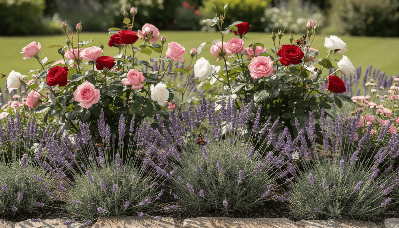 Na kolorowej rabacie ogrodowej rosną szałwia, lawenda i róże, tworząc harmonijną kompozycję z fioletowymi i różowymi kwiatami. Szałwia, znana ze swoich właściwości leczniczych, pięknie kwitnie, a jej liście są gęsto porośnięte na krzaczastych łodygach.