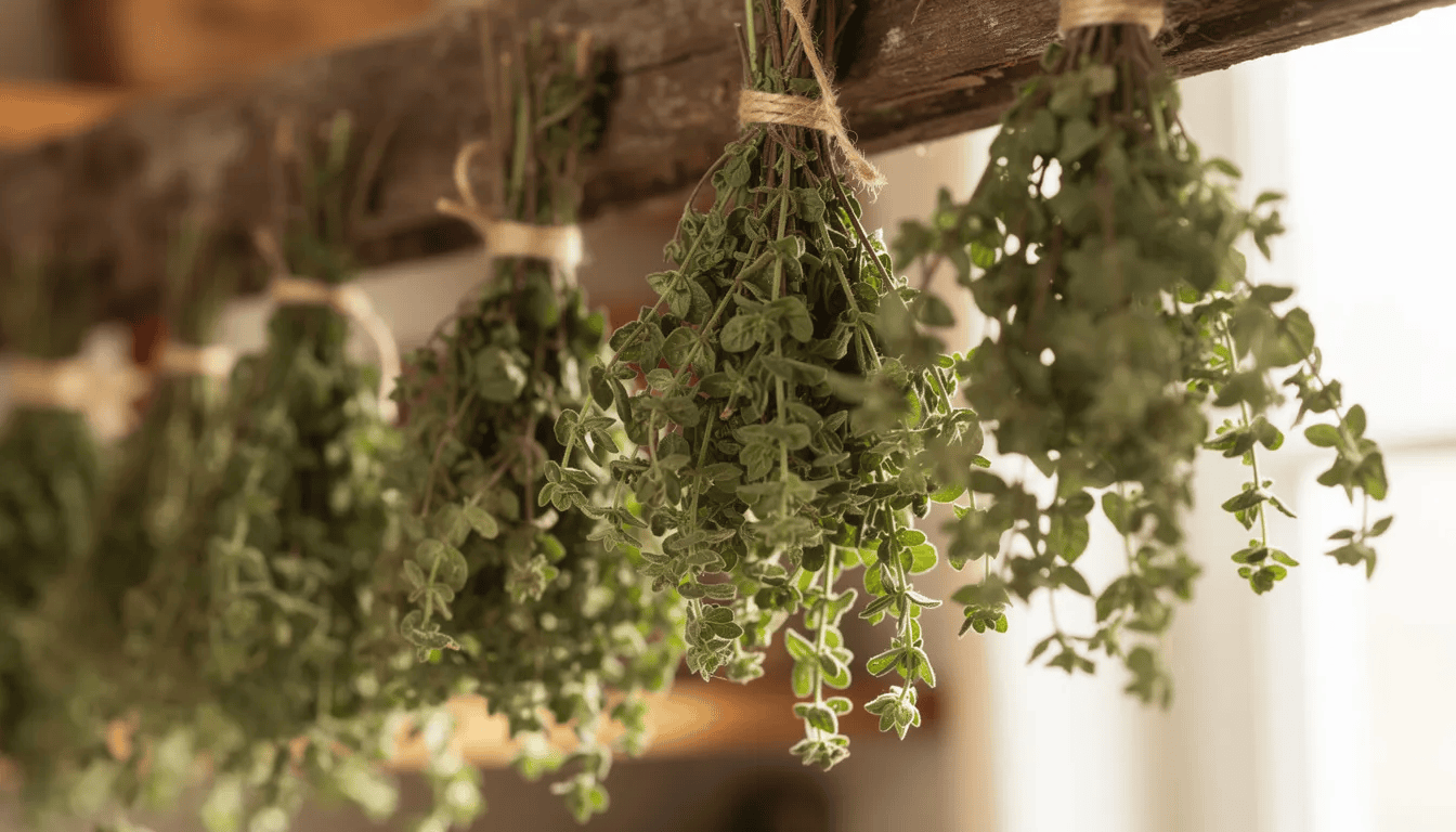 Na drewnianej belce wiszą pęczki suszonego oregano, czyli lebiodki pospolitej, w przewiewnym miejscu, co pozwala na zachowanie intensywnego aromatu tych aromatycznych liści. Oregano, znane ze swoich właściwości leczniczych i szerokiego zastosowania w kuchni, w tym w potrawach włoskich, prezentuje się w formie starannie związanych gałązek.