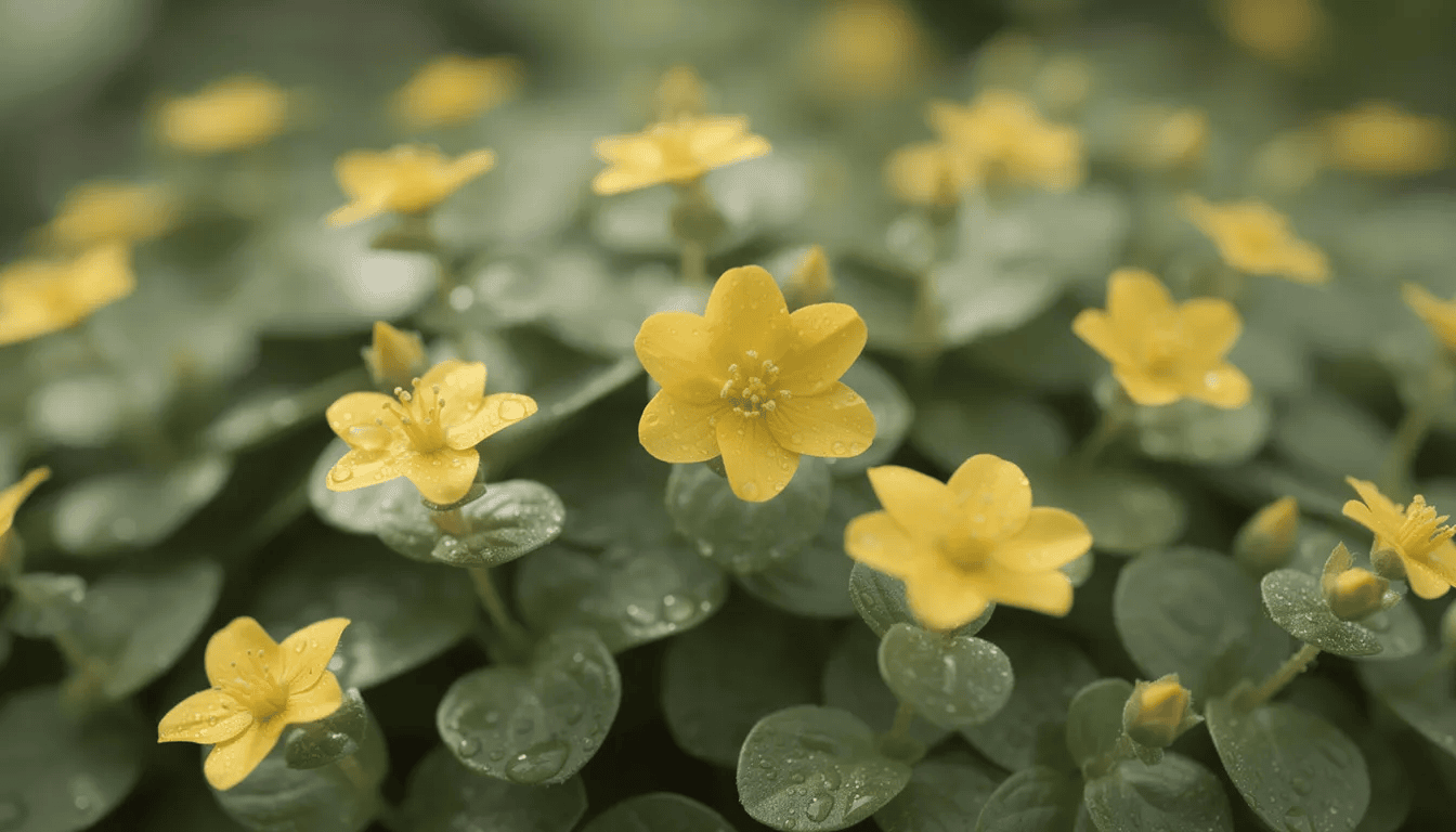 Na obrazie widoczne są żółte kwiaty tojeści rozesłanej, otoczone okrągłymi liśćmi. Roślina ta, znana również jako lysimachia nummularia, tworzy gęste kobierce, idealnie nadające się do ogrodów naturalistycznych i na brzegi oczek wodnych.