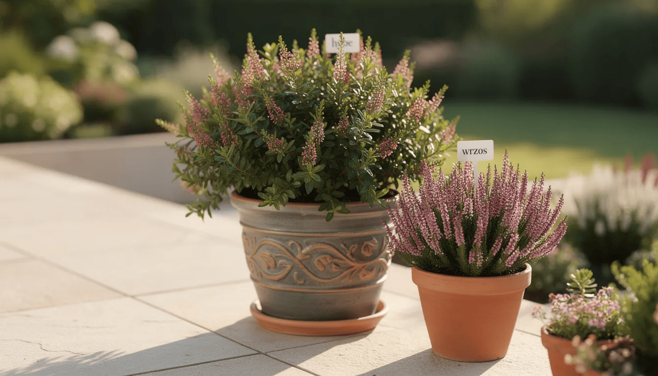 Na słonecznym tarasie znajduje się hebe w ozdobnej donicy, otoczona wrzosami. Roślina hebe, zimozielona krzewinka, prezentuje się efektownie dzięki błyszczącym liściom i niebieskim kwiatom, tworząc harmonijną kompozycję w ogrodzie.