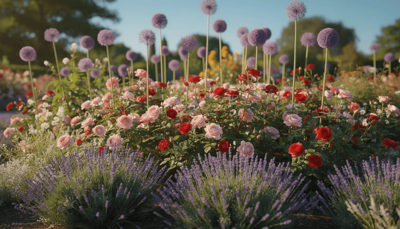 Na kolorowej rabacie ogrodowej w słoneczny letni dzień rosną wysokie czosnki ozdobne, różowe róże oraz lawenda, tworząc harmonijną kompozycję roślin. W tle widać wąskie liście czosnku oraz kwiatostany w różnych odcieniach fioletu, co dodaje uroku całemu ogrodowi.
