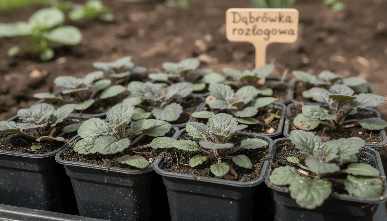 Na zdjęciu znajdują się sadzonki dąbrówki rozłogowej w doniczkach, gotowe do sadzenia w ogrodzie. Rośliny te charakteryzują się zielonymi liśćmi i są doskonałym wyborem do uprawy w miejscach zacienionych, gdzie szybko się rozrastają i kwitną wiosną.