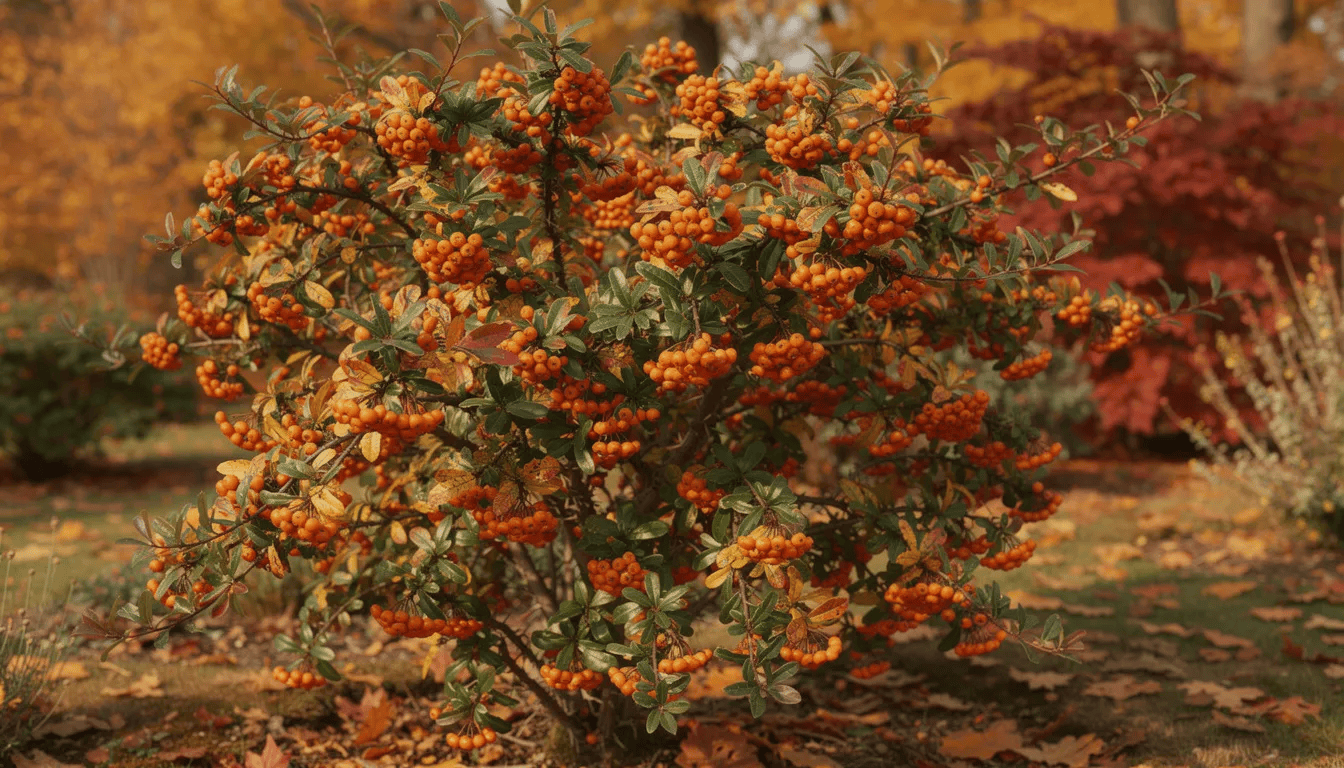 Na zdjęciu widoczny jest krzew ognika szkarłatnego, obficie obsypany pomarańczowymi owocami, w tle jesiennego ogrodu z intensywnie zielonymi liśćmi. Ognik szkarłatny, ceniony za swoje walory dekoracyjne, tworzy piękny żywopłot, a jego owocowanie następuje późną jesienią.