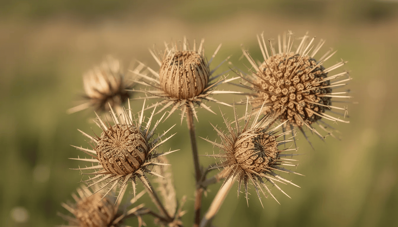 Na zdjęciu znajduje się kępa świerzbnicy polnej z dekoracyjnymi, kulistymi główkami nasion po przekwitnięciu, otoczona delikatnymi liśćmi. Roślina ta, znosząca suszę, pięknie komponuje się w ogrodach naturalistycznych oraz na łąkach kwietnych, przyciągając owady zapylające.