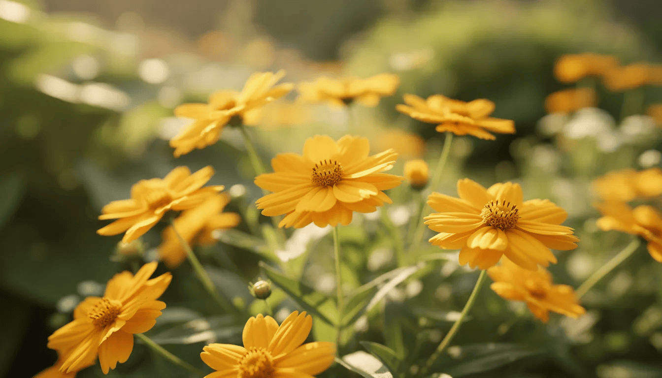 Na obrazie widoczne są piękne żółte kwiaty nachyłka wielkokwiatowego, rosnące w gęstych kępach na tle zielonych liści w letnim ogrodzie. Kwiatostany nachyłków, z charakterystycznymi języczkowatymi kwiatami, tworzą urokliwy widok, idealny na słoneczne stanowiska.