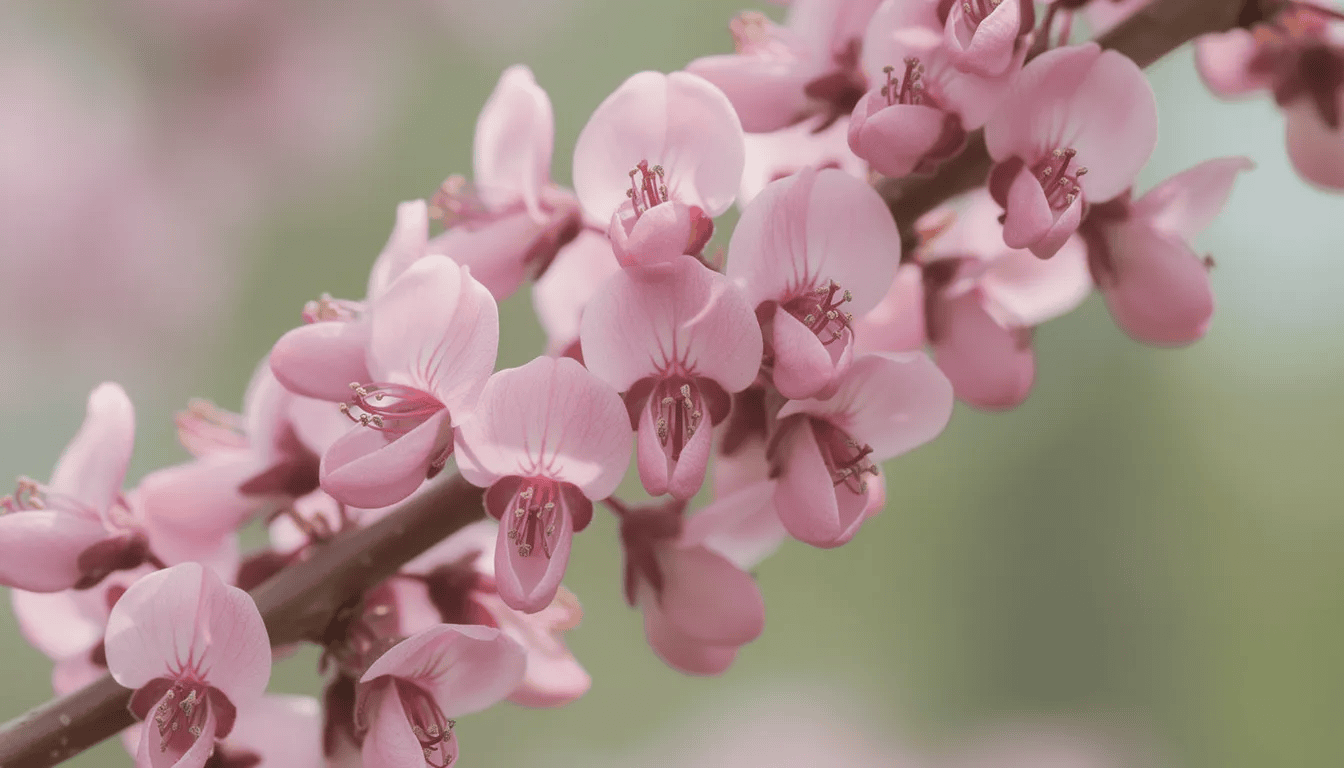 Zbliżenie na gałąź pokrytą intensywnie różowymi motylkowymi kwiatami judaszowca, które pięknie kontrastują z sercowatymi liśćmi. Kwiaty judaszowca, typowe dla odmiany kanadyjskiej, tworzą niezwykle dekoracyjny widok wiosną.