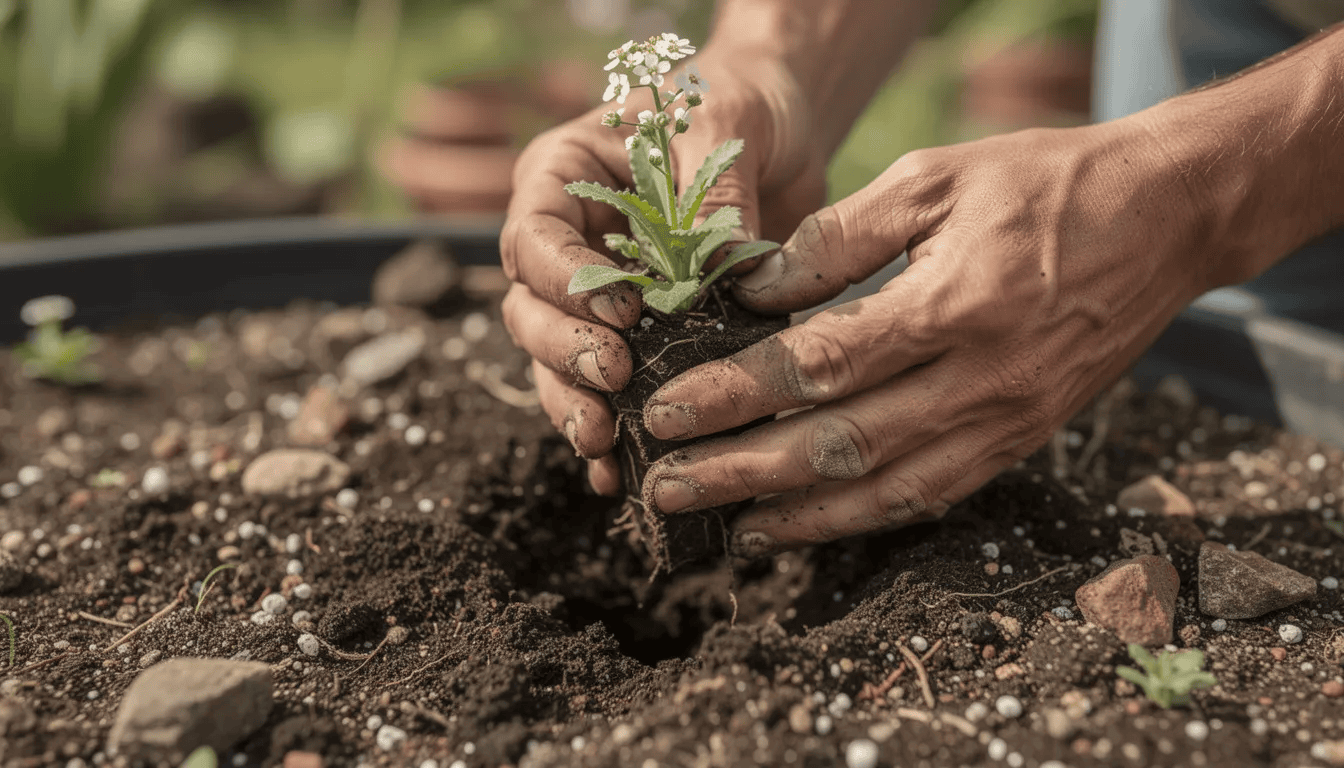 Na zdjęciu widoczne są ręce ogrodnika, które starannie sadzą młodą sadzonkę ubiorka wiecznie zielonego w przepuszczalnym podłożu. Roślina ta, dzięki swojemu zwartemu pokrojowi, doskonale sprawdzi się w różnych aranżacjach ogrodowych, takich jak skalniaki czy rabaty kwiatowe.
