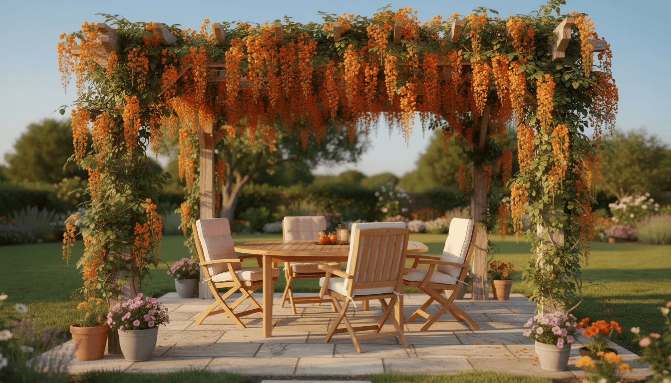Na obrazie widać pergolę ogrodową, która jest porośnięta silnie rosnącym pnączem, milinem amerykańskim, obficie kwitnącym w intensywnie pomarańczowych kwiatach. Pod pergolą znajdują się meble ogrodowe, tworząc przytulne miejsce do wypoczynku.