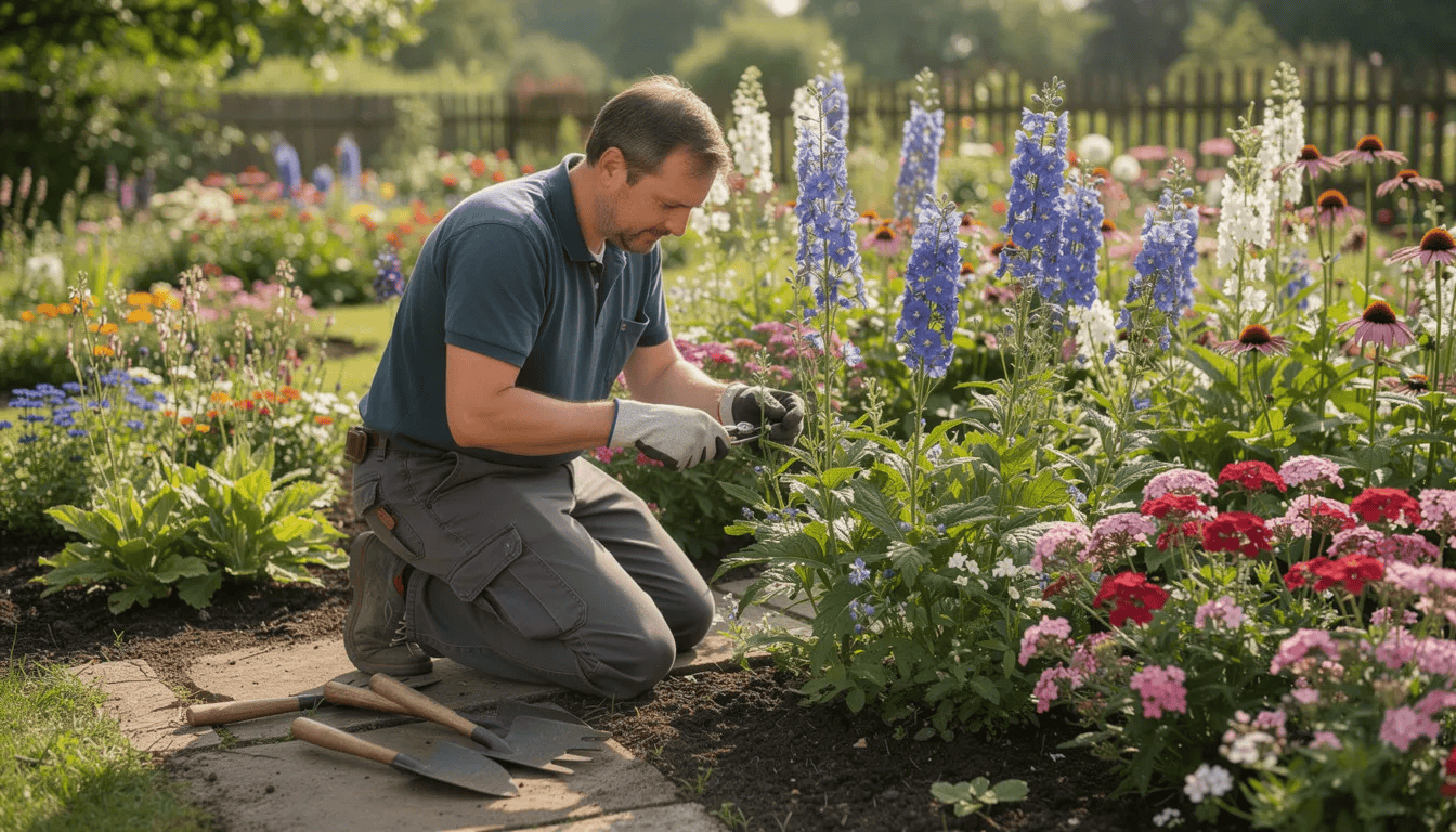 Na zdjęciu ogrodnik pielęgnuje kwitnące byliny, w tym płomyki wiechowate i floks szydlasty, w letnim ogrodzie pełnym kolorowych kwiatów. W tle widoczne są gęste rabaty z różnorodnymi roślinami, które obficie kwitną w pełnym słońcu.