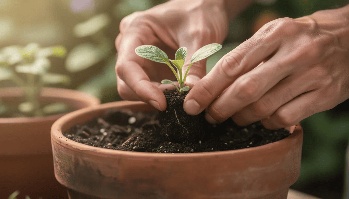 Na zdjęciu widać dłonie przesadzające młodą sadzonkę ostróżki do glinianej doniczki, co jest częścią uprawy tej rośliny. Sadzonki ostróżki, znane z okazałych kwiatostanów, wymagają odpowiedniej pielęgnacji, aby mogły pięknie kwitnąć w ogrodzie.