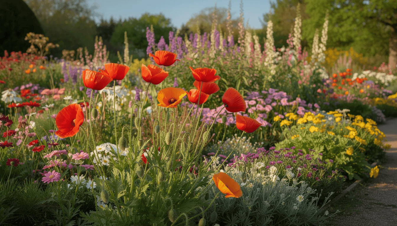 Na kolorowej rabacie ogrodowej rosną kwitnące maki polne oraz inne byliny, tworząc malowniczy widok. Kwiaty maku, w różnych odcieniach czerwieni i pomarańczu, wyróżniają się na tle zielonych liści, a ich postrzępione płatki dodają uroku całej kompozycji.
