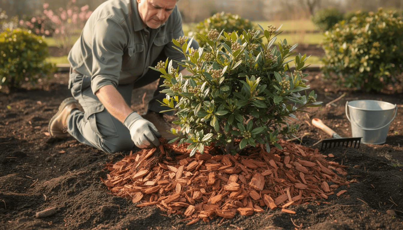 Na obrazku widzimy ogrodnika, który ściółkuje krzew ozdobny, prawdopodobnie kalmię szerokolistną, korą sosnową. W tle widać efektowne kwiaty w odcieniach różu i bieli, a wokół panuje umiarkowana wilgotność, co sprzyja uprawie tych zimozielonych roślin wrzosowatych.