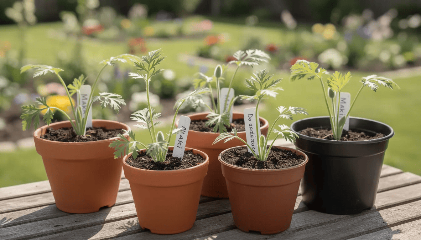 Na zdjęciu znajdują się sadzonki maków w doniczkach, gotowe do sadzenia w ogrodzie. Rośliny te, reprezentujące gatunki takie jak mak polny i mak wschodni, mają pierzaste liście i postrzępione płatki, a ich uprawa wymaga żyznej ziemi oraz umiarkowanej wilgotności.