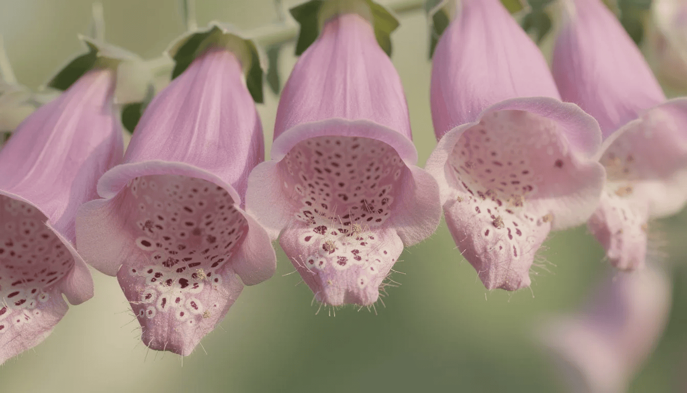Zbliżenie na rurkowate kwiaty naparstnicy, takich jak naparstnica purpurowa, z wyraźnymi nakrapianymi wzorami wewnątrz płatków. Kwiaty te, będące częścią rośliny dwuletniej, wyróżniają się strzelistymi kwiatostanami i intensywnym kolorem, co czyni je popularnymi w polskich ogrodach.