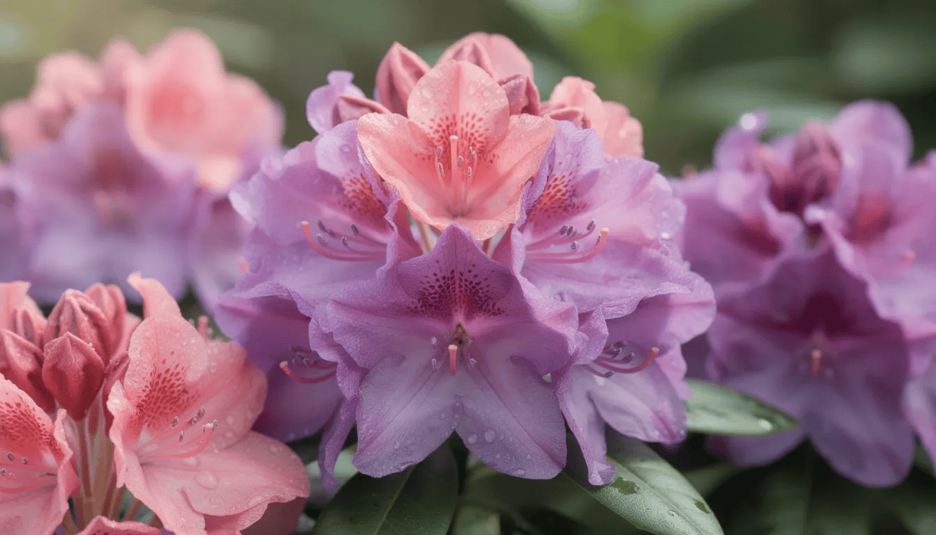 Zbliżenie na piękne kwiaty różanecznika w odcieniach różu i fioletu, które kwitną na długich szypułkach. W tle widać skórzaste liście rośliny, co podkreśla urok tych ozdobnych krzewów.