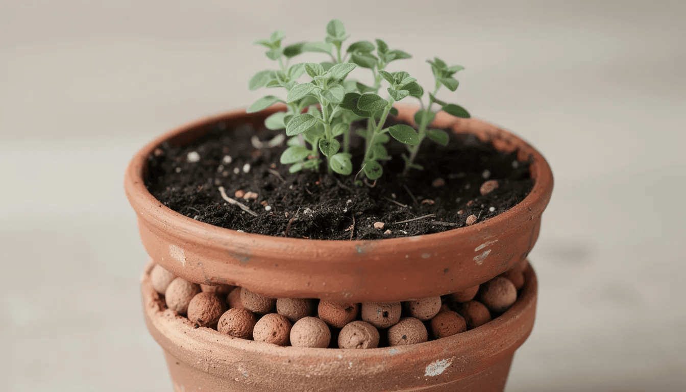 Na zdjęciu znajduje się sadzonka oregano, czyli lebiodki pospolitej, umieszczona w glinianej doniczce z widoczną warstwą drenażu z keramzytu. Roślina ma szarozielone liście, które emanują intensywnym aromatem, typowym dla świeżych ziół używanych w kuchni włoskiej i śródziemnomorskiej.