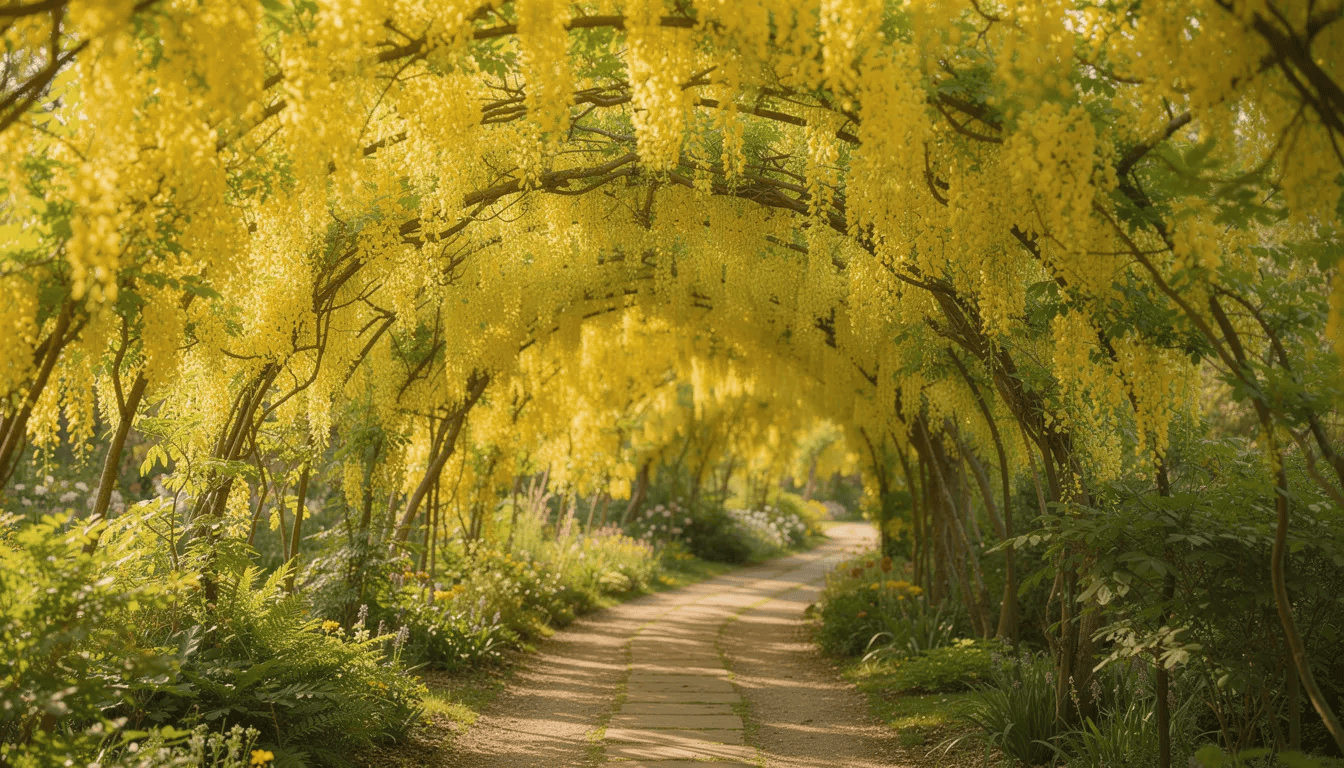 Tunel ogrodowy z kwitnącymi złotokapami tworzy żółty baldachim nad ścieżką, gdzie zwisające grona kwiatów nadają przestrzeni elegancki wygląd. Rośliny te, będące częścią rodziny bobowatych, wnoszą do ogrodu przyjemny zapach i zachwycają swoim luźnym pokrojem.