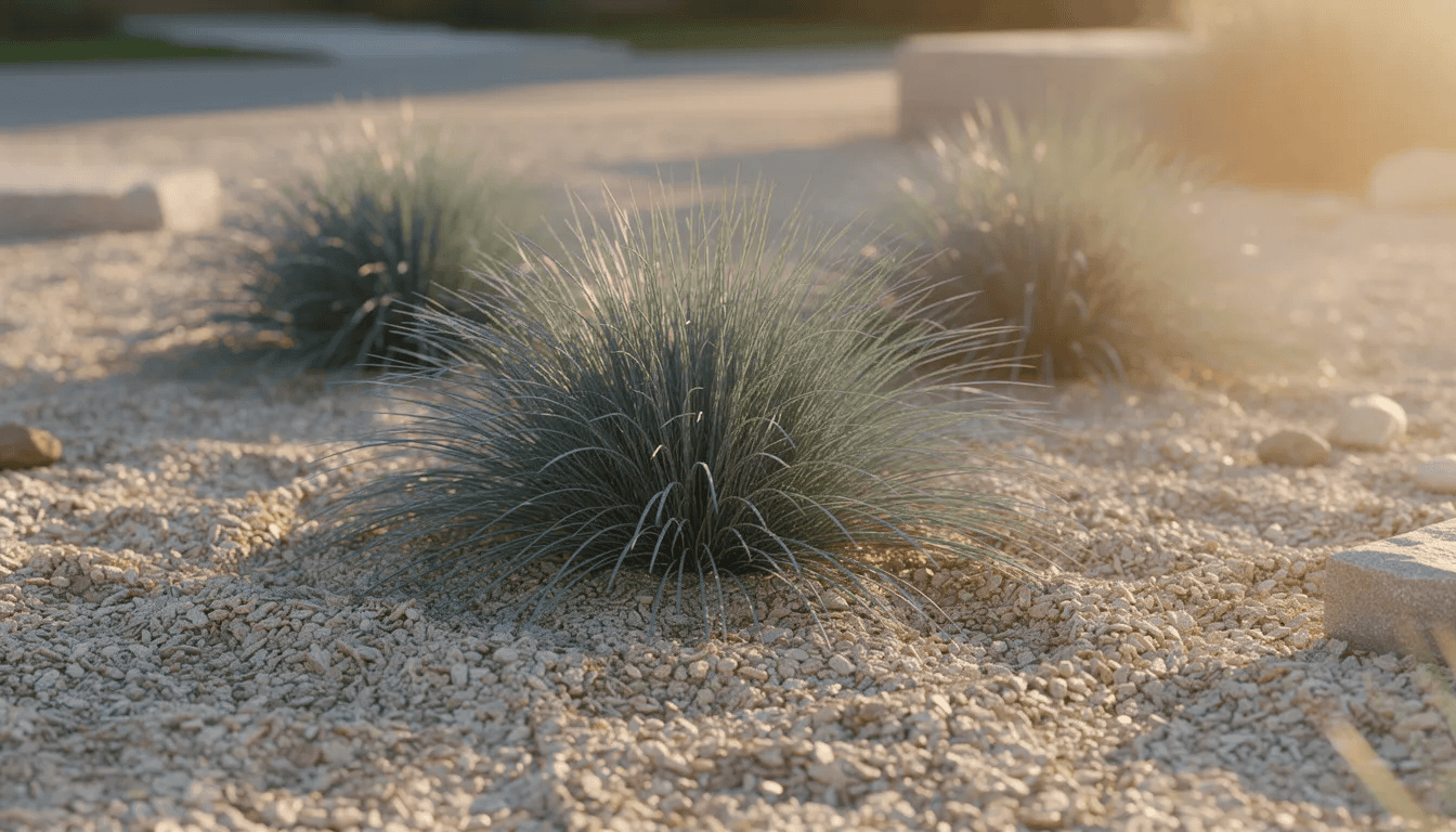 Na obrazku widoczne są kępy niebieskiej trawy ozdobnej, znanej jako strzęplica sina, rosnące w słonecznym ogrodzie żwirowym. Roślina ta tworzy półkuliste kępy i doskonale nadaje się do ogrodów skalnych, dodając im lekkości i atrakcyjnego ubarwienia.