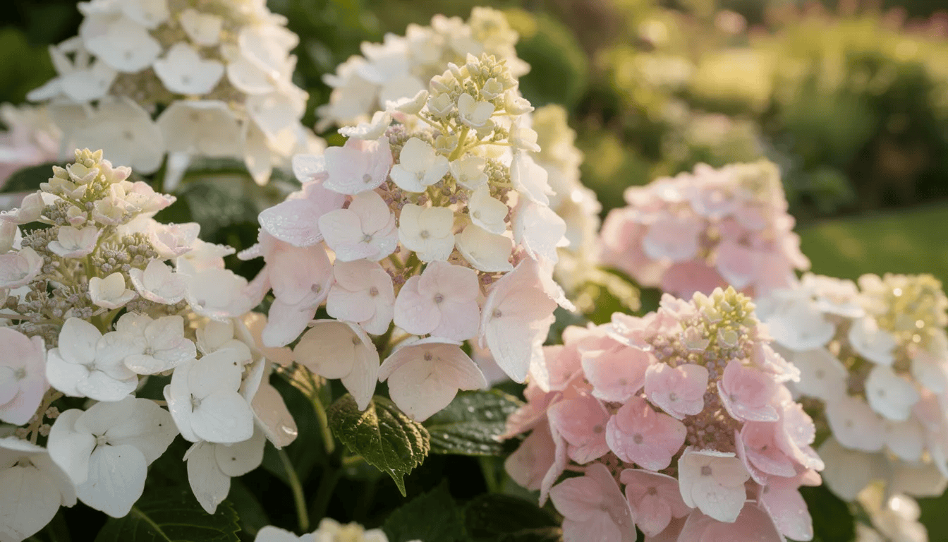Na tle zielonego ogrodu widać kwitnące hortensje bukietowe w różnych odcieniach bieli i różu, które stanowią piękną ozdobę przestrzeni. Krzewy te charakteryzują się obfitym kwitnieniem, dodając uroku i koloru do otoczenia.