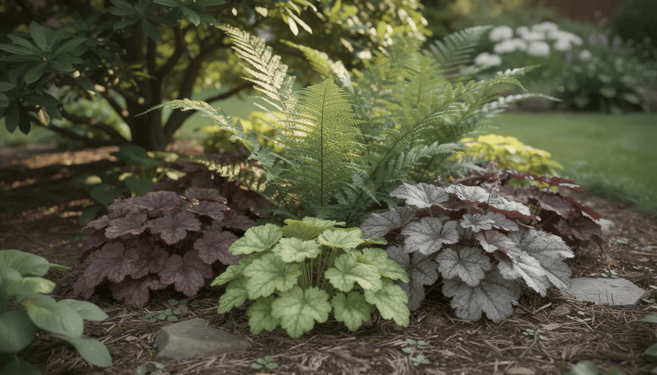 Na obrazie znajduje się kompozycja brunery wielkolistnej z dużymi sercowatymi liśćmi oraz paprociami i żurawkami, umiejscowiona w cienistym fragmencie ogrodu. Wczesną wiosną kwitną niebieskie kwiaty brunery, tworząc harmonijny element w naturalistycznym stylu ogrodu.
