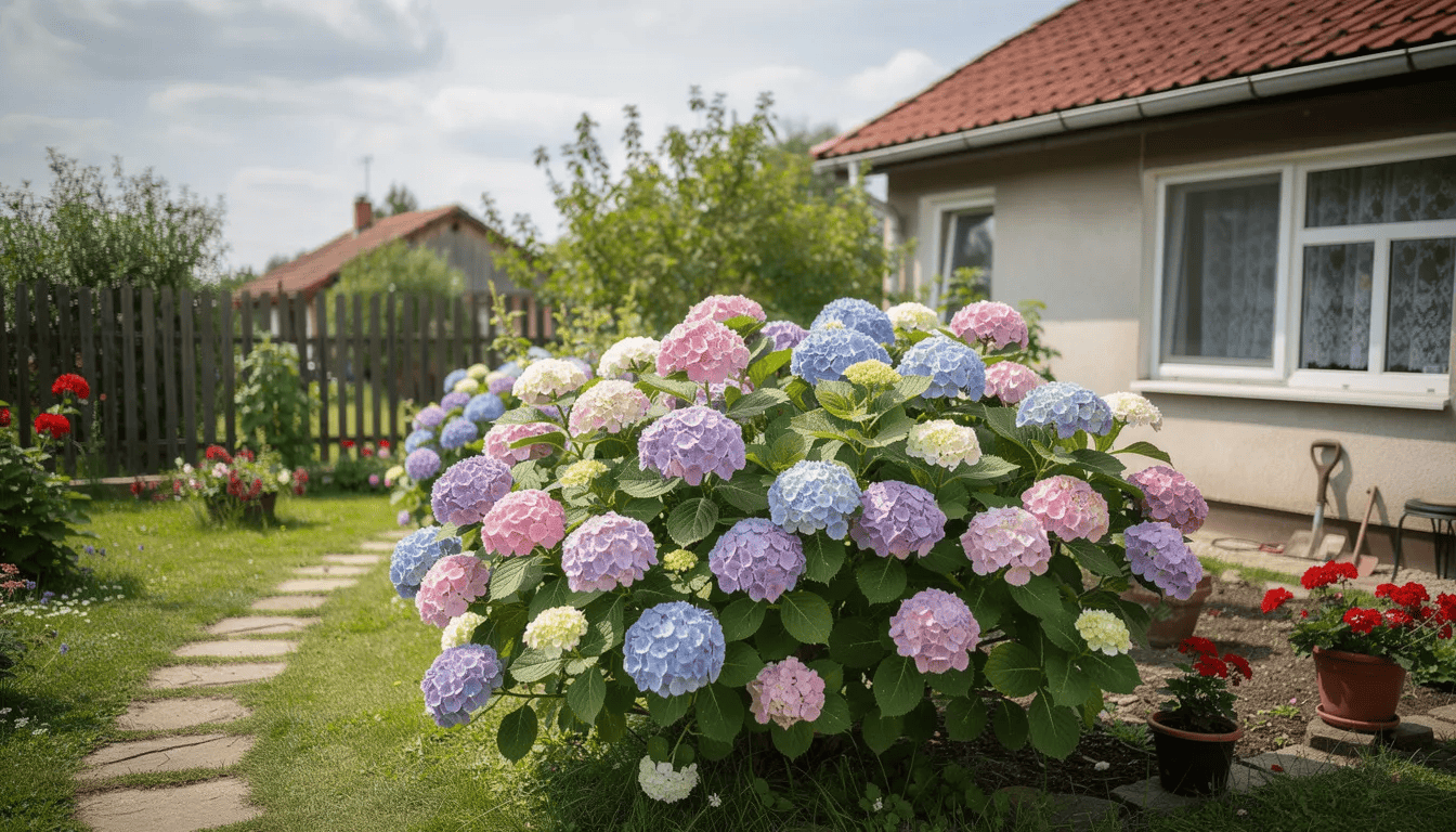 W ogrodzie przydomowym rosną kolorowe hortensje ogrodowe, które pięknie kwitną, tworząc okazałe kwiatostany. Wśród nich można dostrzec różne odmiany, co sprawia, że całość prezentuje się niezwykle efektownie w pełnym słońcu.