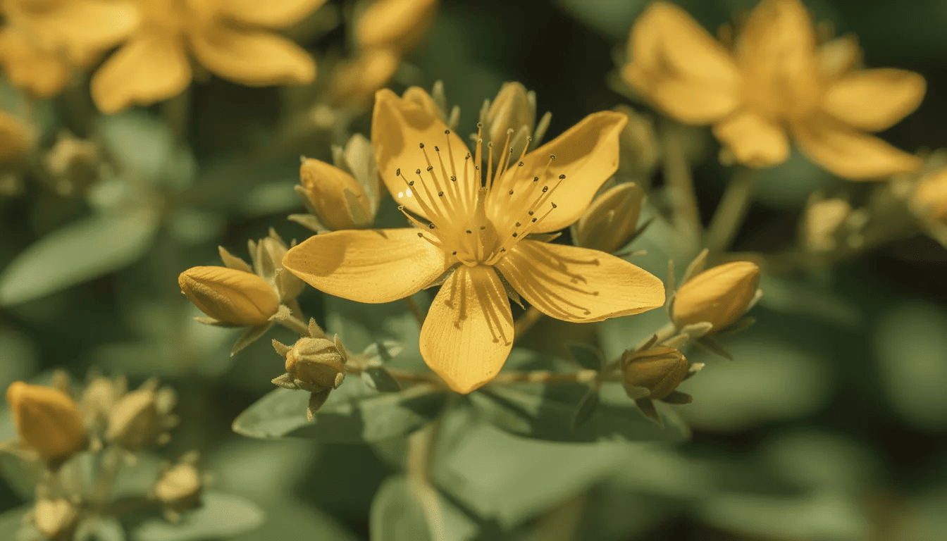 Zbliżenie na kwitnący dziurawiec zwyczajny, który prezentuje złociste kwiaty oraz pąki, otoczone zielonymi liśćmi rosnącymi naprzeciwlegle. Roślina ta, znana również jako ziele świętego Jana, wyróżnia się estetycznym wyglądem i jest często spotykana na nasłonecznionych stanowiskach.