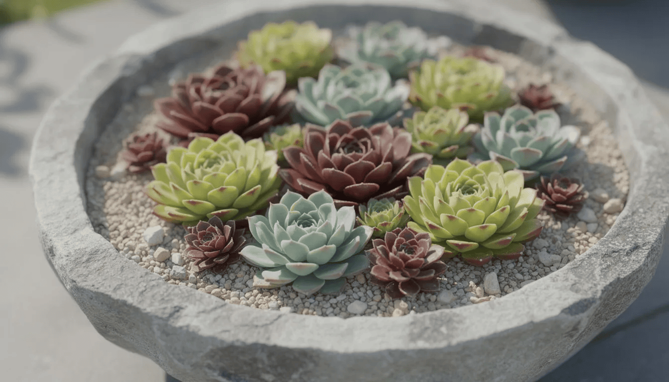 Na kamiennej misie znajduje się kolorowa kompozycja rojników, w tym sempervivum tectorum oraz sempervivum arachnoideum, otoczona drobnym żwirem. Rojniki, charakteryzujące się mięsistymi liśćmi, są idealne do ogrodów skalnych oraz na stanowiska słoneczne, gdzie mogą cieszyć oko przez długie okresy.