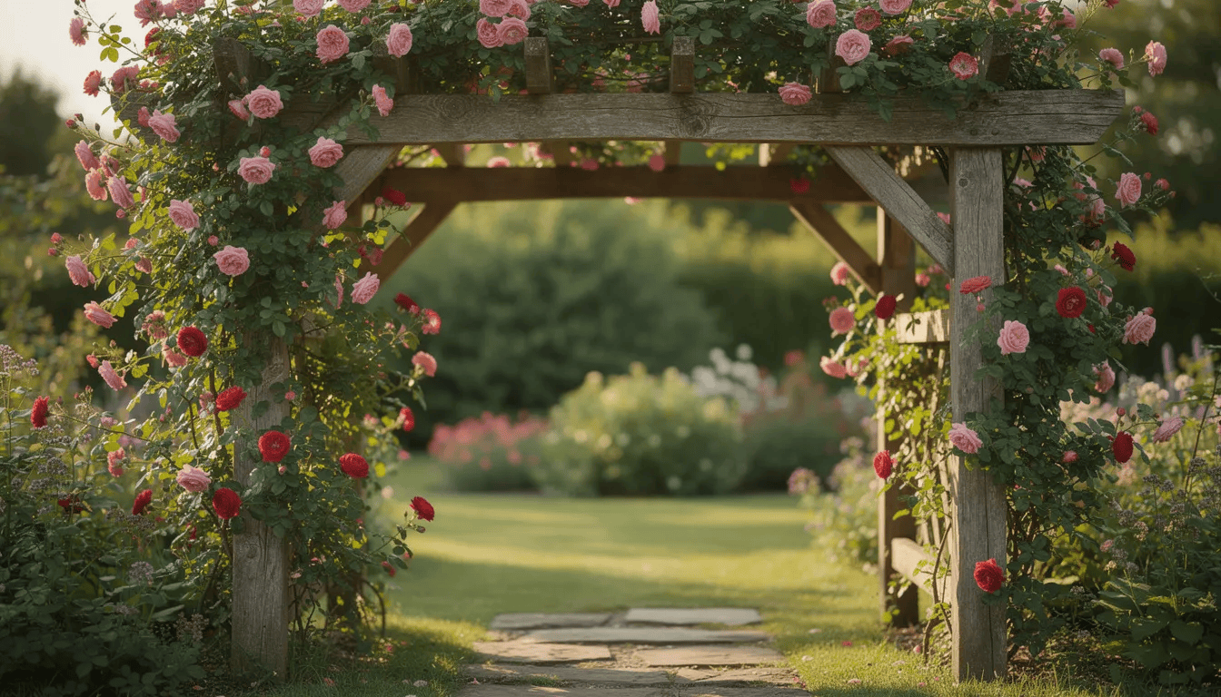 Na zdjęciu widać piękną różę pnącą, która oplata drewnianą pergolę w ogrodzie, tworząc malowniczy widok. Kwiaty w odcieniach różu i bieli zachwycają swoim zapachem i obfitym kwitnieniem, dodając uroku otoczeniu.