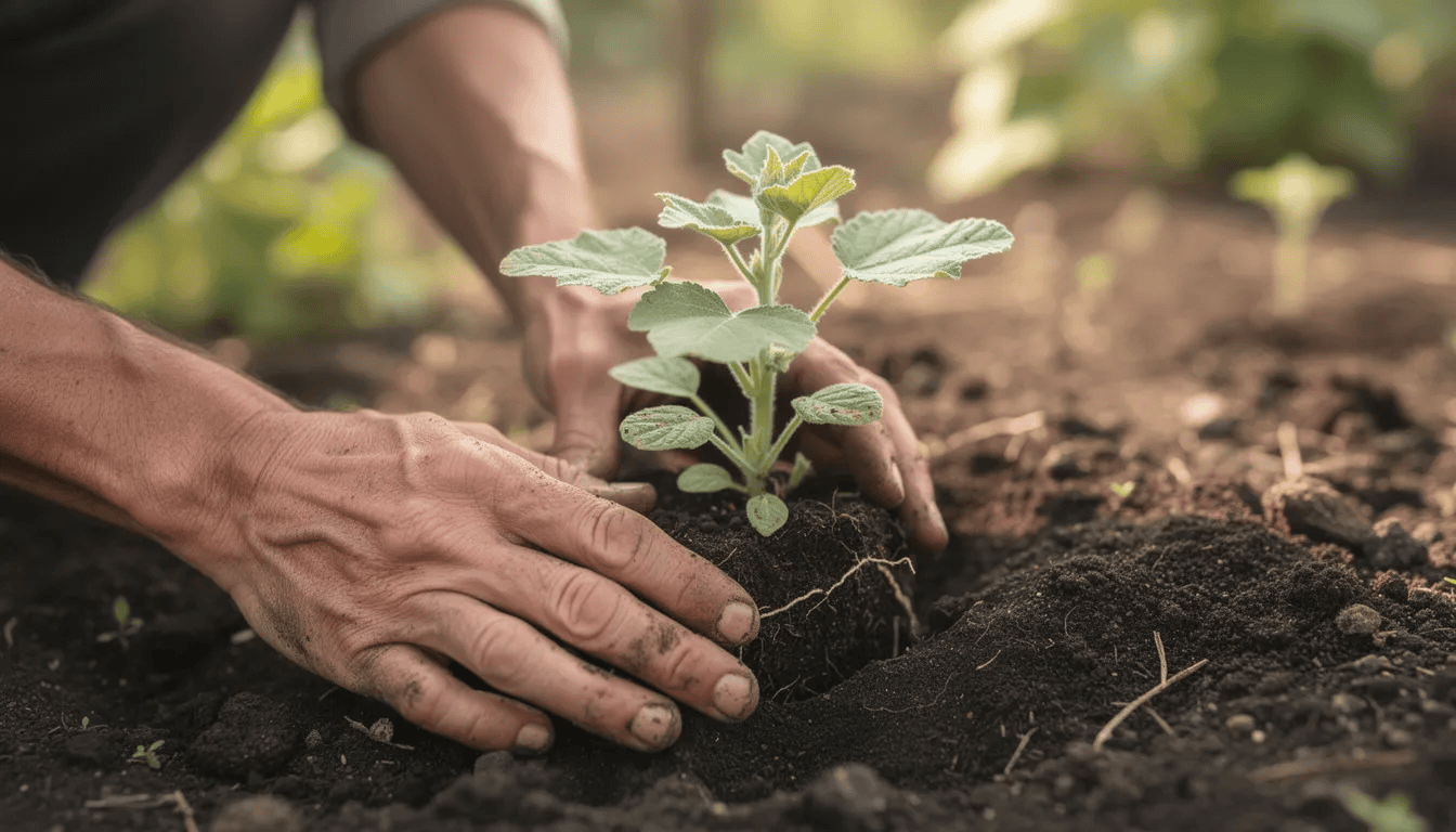 Na zdjęciu widoczne są ręce ogrodnika, które starannie sadzą młodą sadzonkę malwy w żyznej ziemi. W tle można dostrzec inne rośliny, co sugeruje, że jest to ogrodowa uprawa malwy, w której kwiaty malwy będą kwitły w pełnych kolorach.