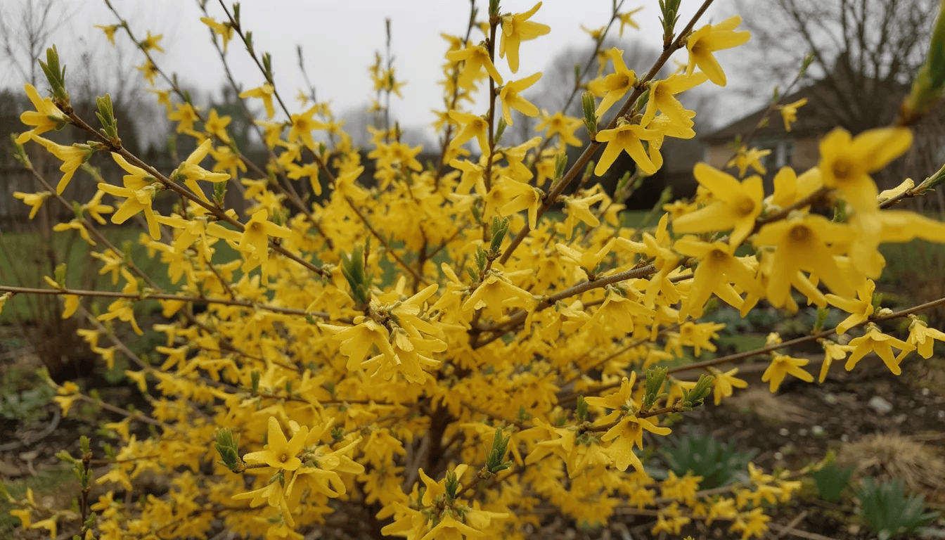 Na obrazie widoczny jest krzew forsycji w pełnym rozkwicie wczesną wiosną, obsypany intensywnie żółtymi kwiatami, które pojawiają się na szczytach pędów. Jest to pięknie kwitnący krzew, który często zdobi polskie ogrody, tworząc efektowną kompozycję z innymi roślinami ozdobnymi.