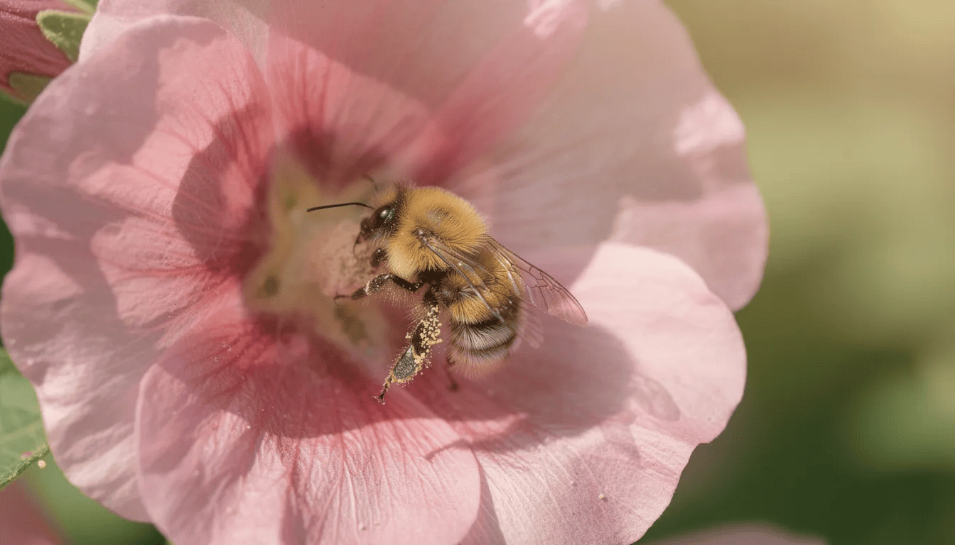 Trzmiel zbiera nektar z różowego kwiatu malwy w słoneczny dzień, otoczony przez wysokie pędy roślin. W tle widoczne są inne kwiaty malwy, tworzące kolorowy ogród pełen życia.