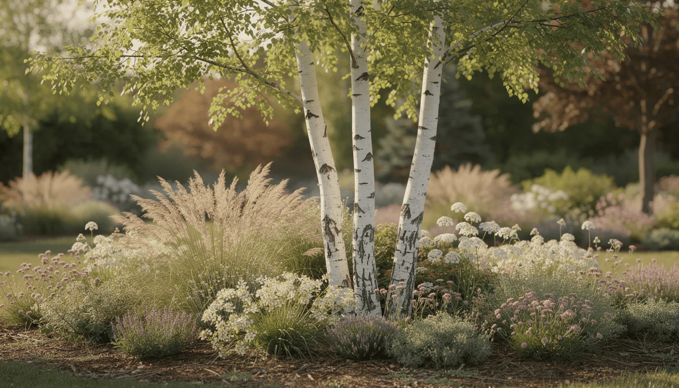 Na obrazie widoczna jest grupa brzóz z białą korą, w tym brzoza brodawkowata, rosnących w naturalistycznym ogrodzie, otoczonych bylinami i trawami ozdobnymi. Drzewa mają nieregularną koronę i młode liście, a ich obecność wspiera bioróżnorodność w otoczeniu.