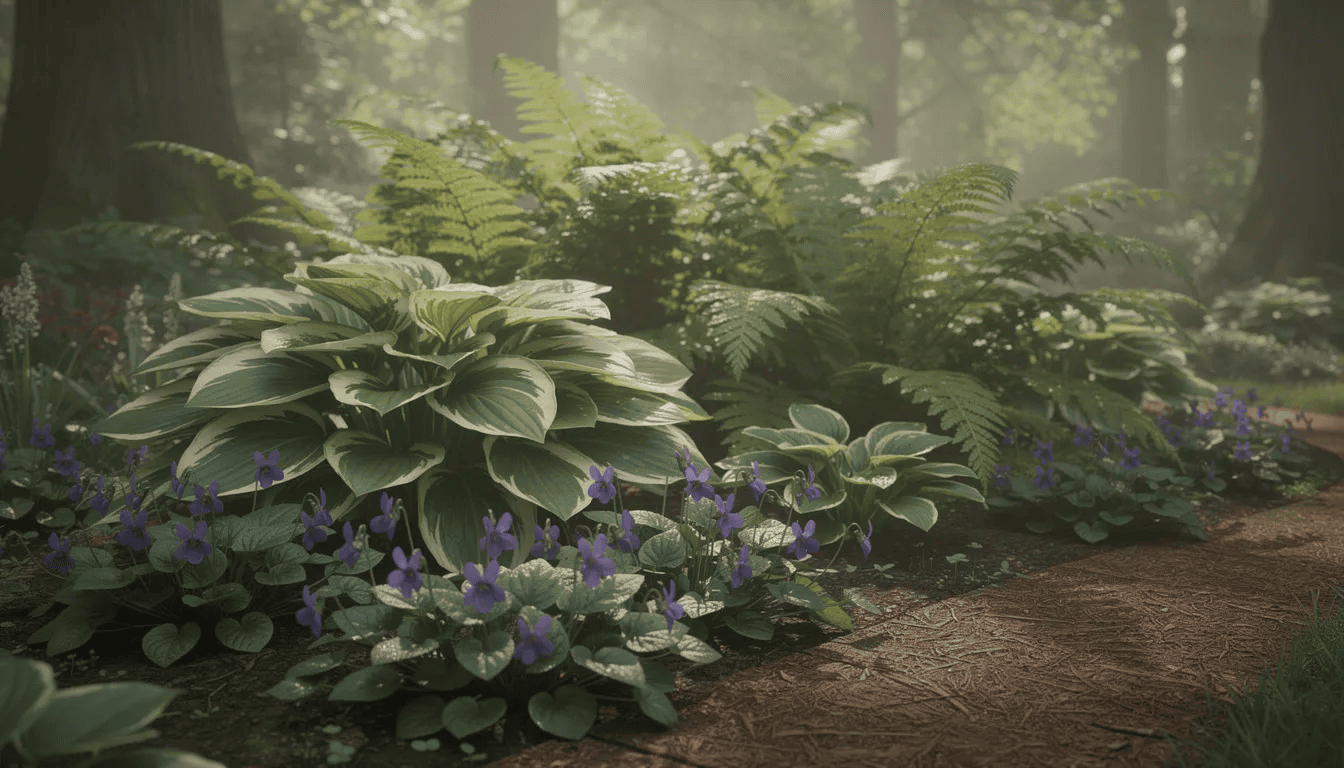 W zacienionym zakątku ogrodu znajduje się kompozycja z fiołkami wonnymi, hostami i paprociami, tworząc harmonijną całość. Fiołki afrykańskie kwitną pięknymi, fioletowymi kwiatami, które dodają uroku tej zielonej przestrzeni.