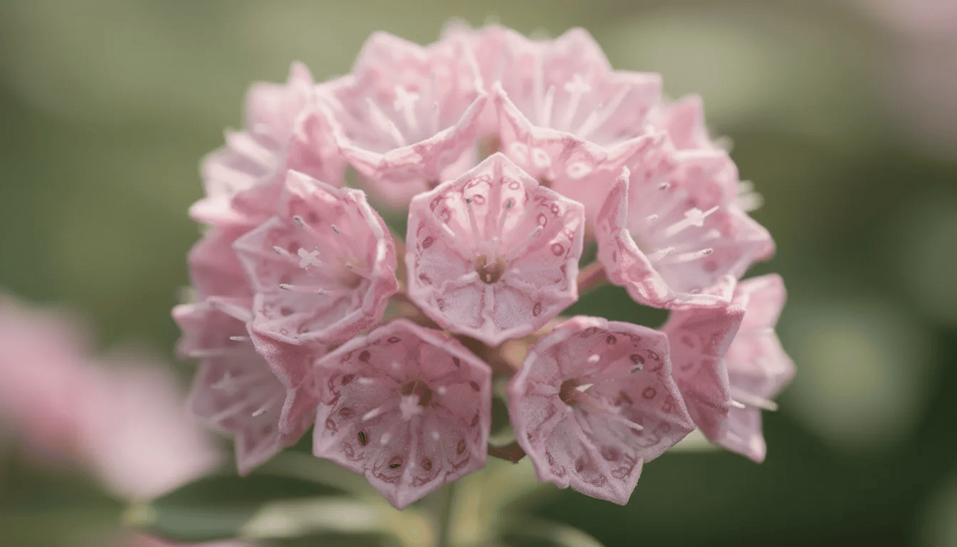 Na zbliżeniu widoczne są miseczkowate, różowe kwiaty kalmii szerokolistnej, które mają charakterystyczne dołeczki na płatkach i są zebrane w gęsty kwiatostan. Kwiaty te, będące efektownymi ozdobami ogrodu, wyróżniają się jasnoróżowymi i ciemnoróżowymi odcieniami.