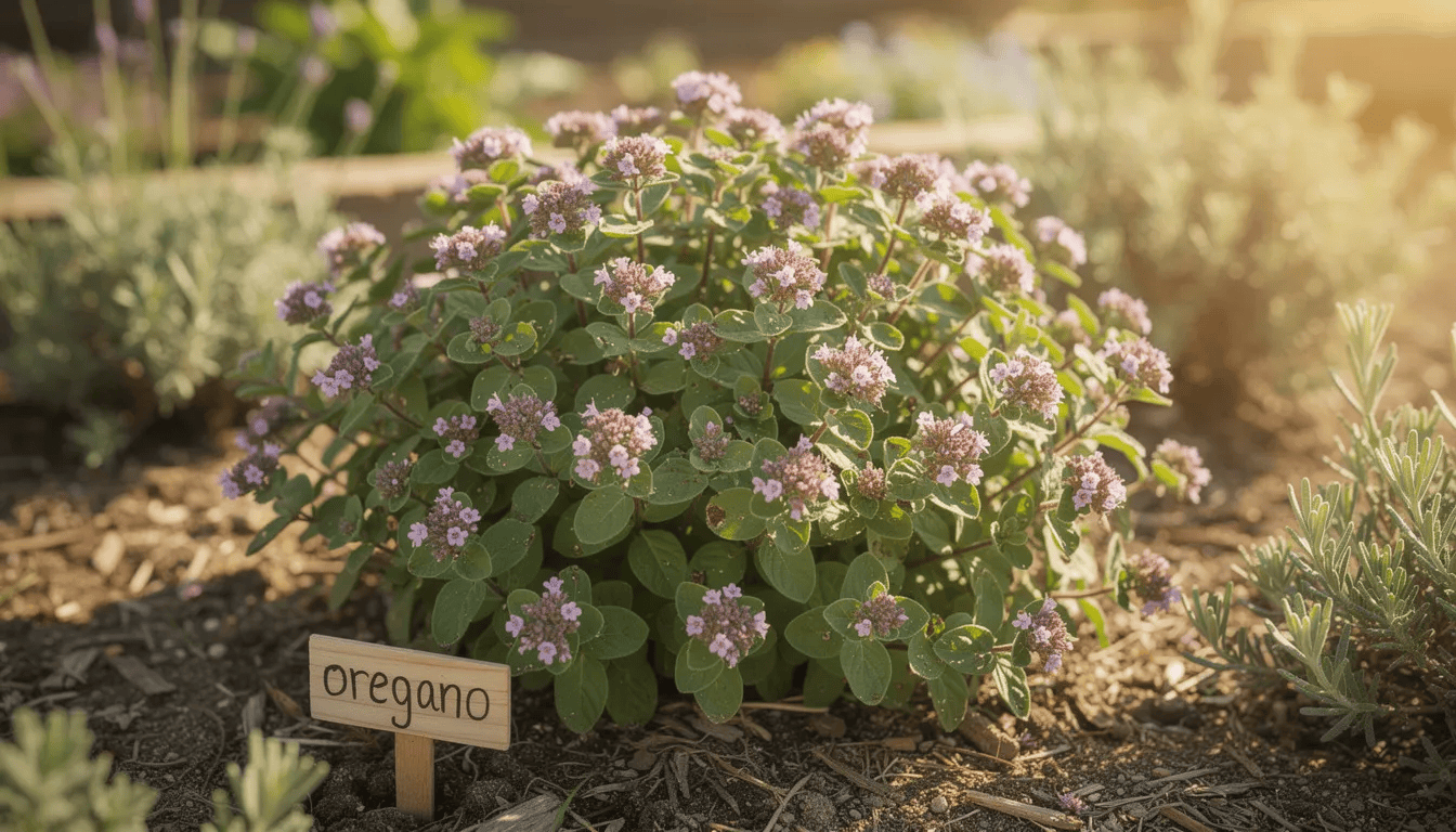 Na zdjęciu widoczna jest kępa oregano, znana również jako lebiodka pospolita, z drobnymi różowymi kwiatami, rosnąca na nasłonecznionym stanowisku w ogrodzie ziołowym. Roślina ta charakteryzuje się szarozielonymi liśćmi i intensywnym aromatem, co czyni ją popularnym składnikiem w kuchni śródziemnomorskiej.