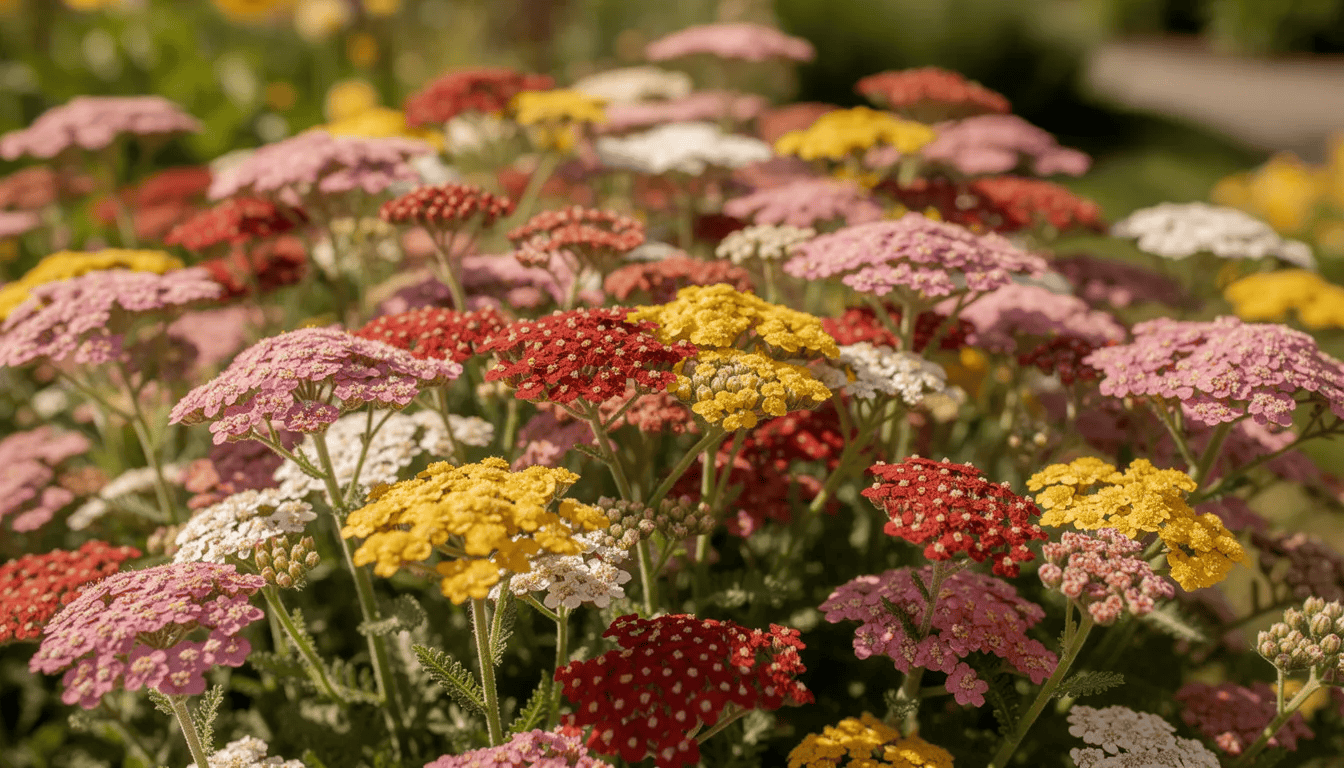Na słonecznej rabacie w pełnym rozkwicie widoczne są kolorowe kwiaty krwawnika, w tym czerwone i żółte koszyczki, które tworzą efektowną kompozycję. Roślina ta, znana jako krwawnik pospolity, jest wieloletnią byliną, cenioną za swoje właściwości lecznicze.