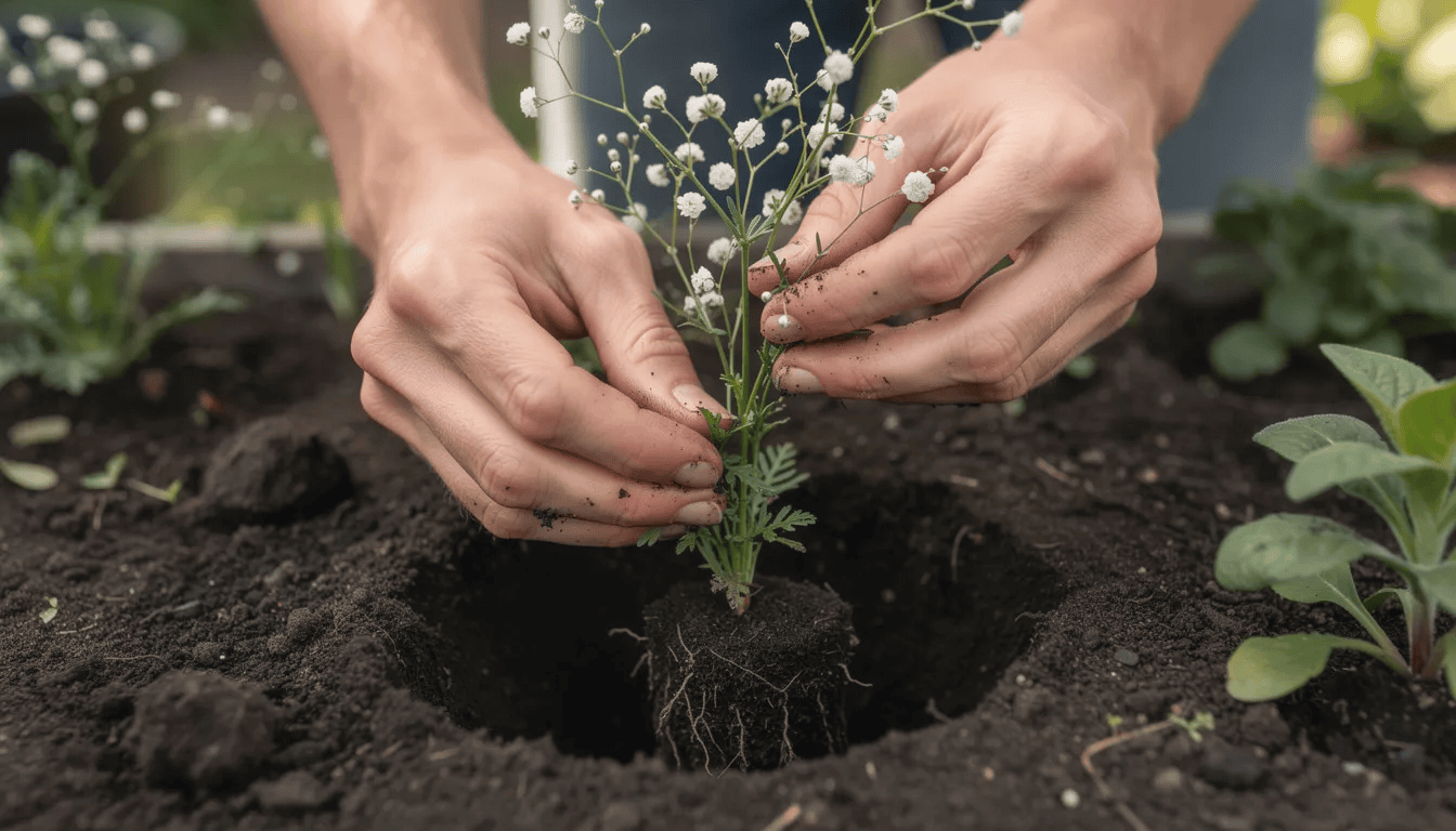 Na zdjęciu widać ręce sadzące sadzonkę gipsówki w przygotowany dołek w ogrodzie. Roślina, znana z drobnych, białych lub różowych kwiatów, będzie doskonałym elementem kompozycji florystycznych oraz ogrodów skalnych.