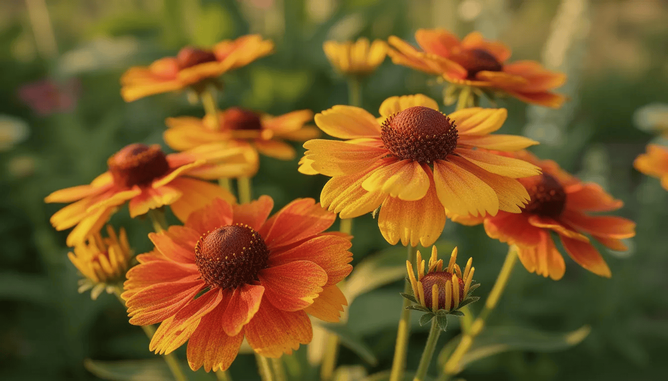 Na obrazie widać kolorowe kwiaty dzielżanu ogrodowego w ciepłych odcieniach żółci, pomarańczu i czerwieni, które pięknie kontrastują z zielonym tłem ogrodu. Kwiaty te, będące częścią rodziny astrowatych, kwitną obficie, przyciągając pszczoły w okresie letnim.