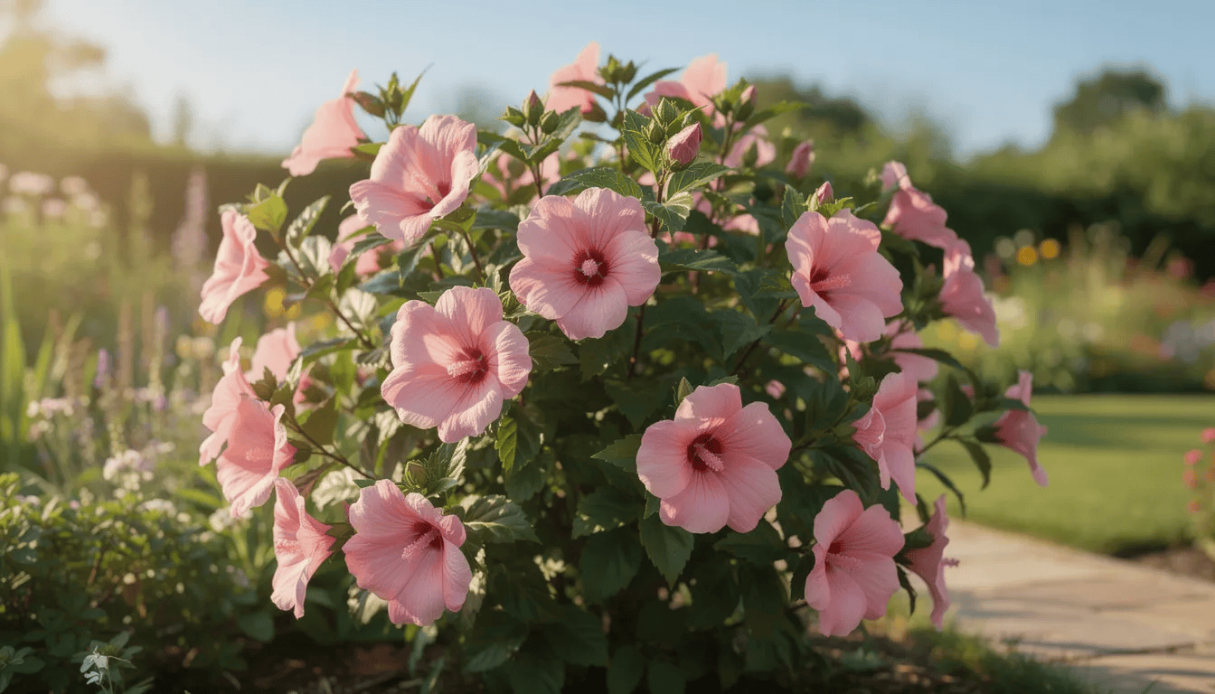 Na obrazku widoczny jest krzew ketmii syryjskiej, który obficie kwitnie dużymi różowymi kwiatami w letnim ogrodzie. Roślina ta, znana również jako hibiskus ogrodowy, prezentuje piękny wygląd i jest otoczona zielonymi liśćmi.