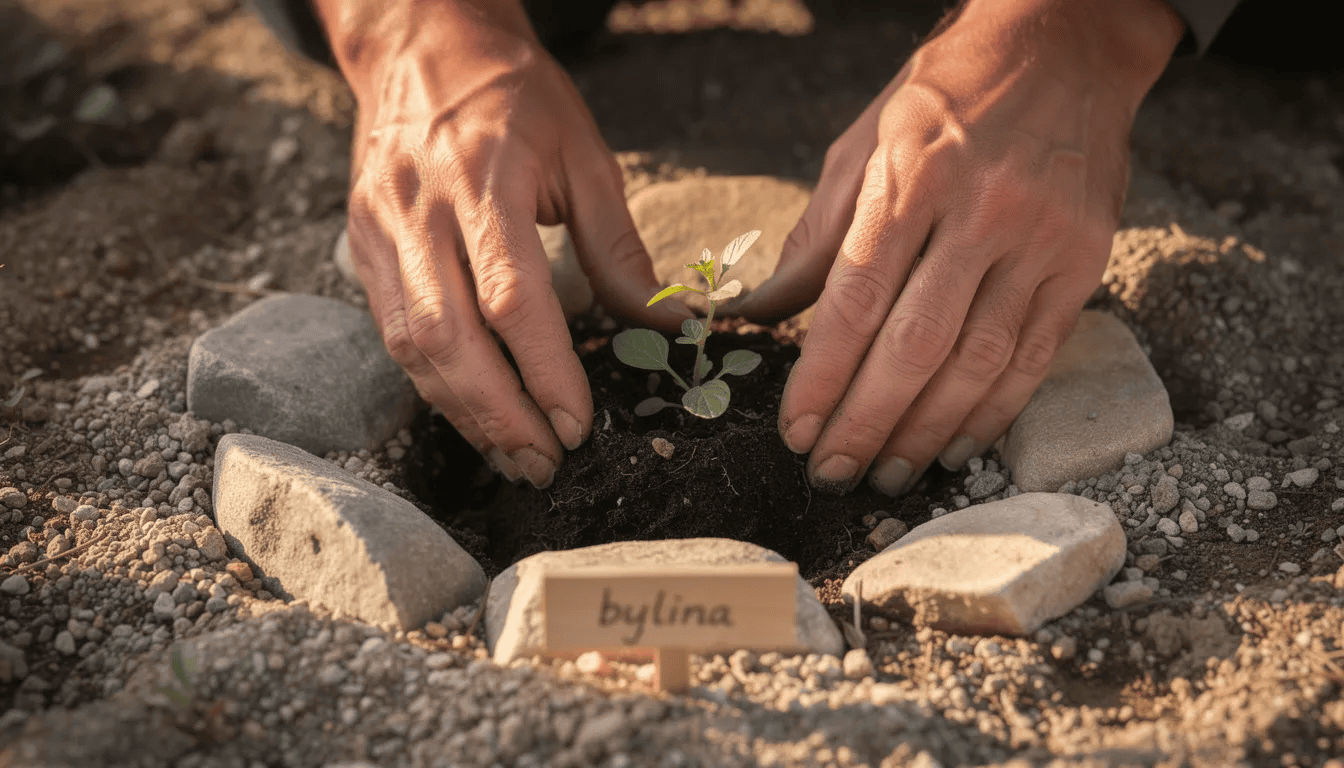 Na zdjęciu widać ręce ogrodnika sadzącego małą bylinę w żwirowym podłożu, otoczoną kamieniami. Roślina ta, idealna do ogrodów skalnych, ma szansę na obfite kwitnienie w okresie od maja do czerwca, tworząc dekoracyjne dywany z jej rozłożystych kęp.