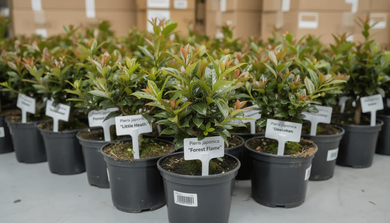 Na zdjęciu widoczne są młode sadzonki pierisów japońskich w donicach, przygotowane do wysyłki, z wyraźnie widoczną etykietą odmianową. Rośliny mają intensywnie czerwone młode liście oraz ciemnozielone liście, co wskazuje na ich zdrowy rozwój.