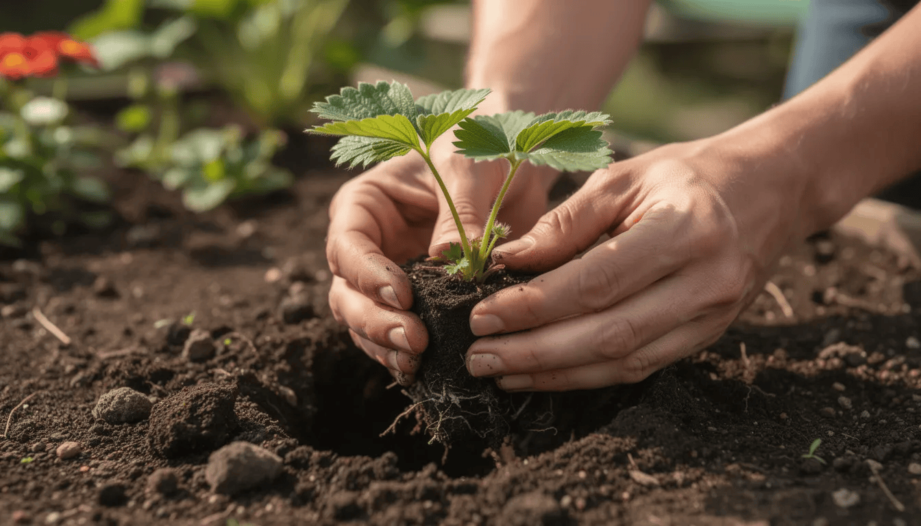 Na zdjęciu widać ręce sadzące młodą sadzonkę truskawki w ziemi ogrodowej. Sadzonki truskawek są starannie umieszczane w przepuszczalnej glebie, co jest kluczowe dla ich prawidłowego wzrostu i owocowania.