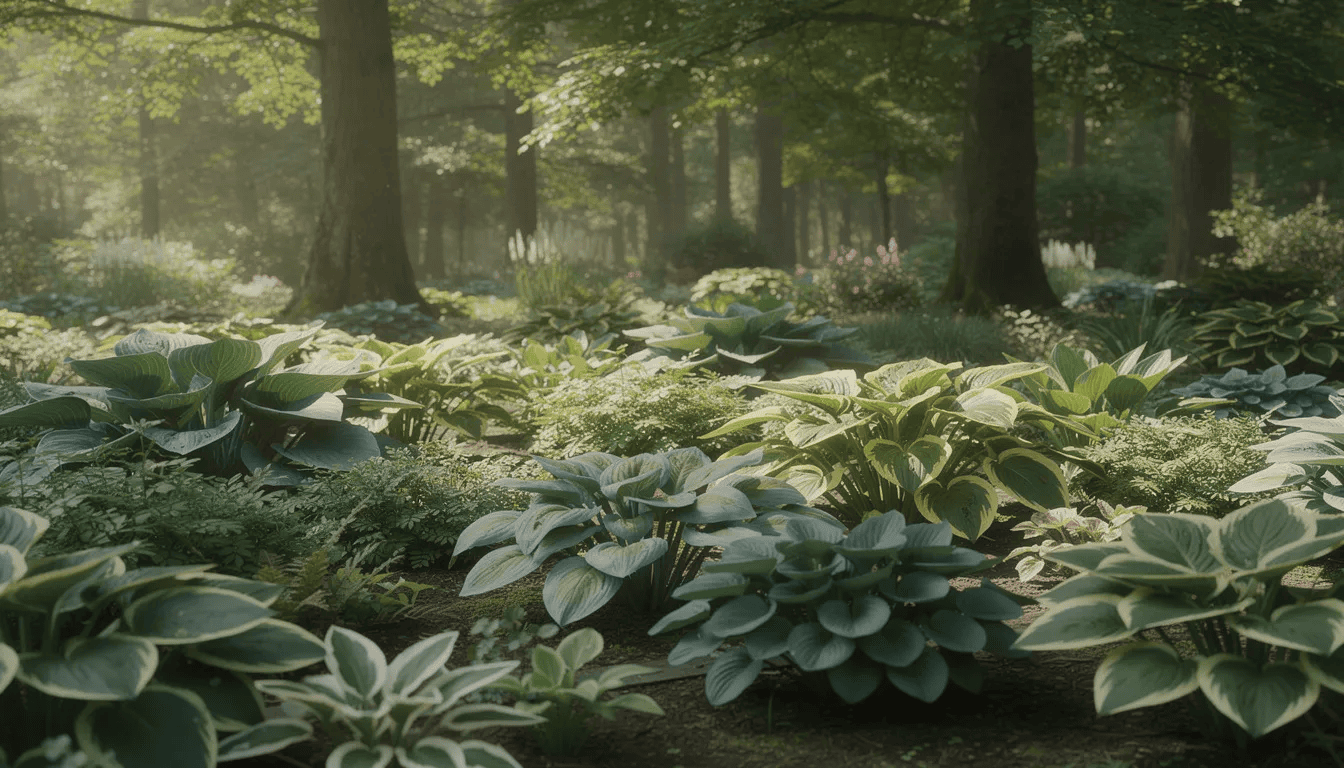 Na obrazie znajduje się bujny, cienisty ogród, w którym różne odmiany funkii tworzą zielone kobierce pod koronami drzew. W tle widać smukłe łodygi roślin cieniolubnych, a ich efektowne liście wypełniają puste przestrzenie, nadając miejscu atrakcyjny wygląd.