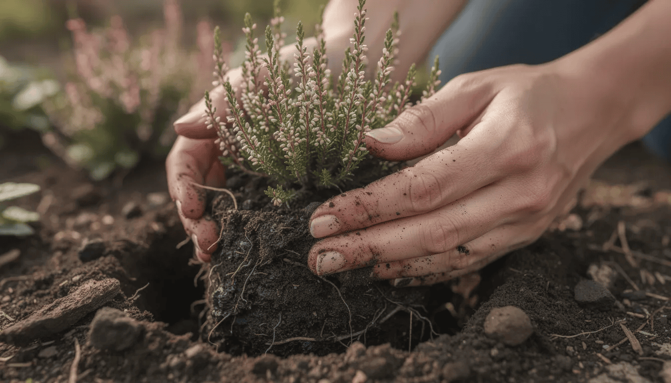 Na zdjęciu widać dłonie sadzące wrzos w przygotowany dołek wypełniony ciemnym torfiastym podłożem. Wrzos pospolity, znany z obfitego kwitnienia, jest rośliną miododajną, która najlepiej wygląda w słonecznych stanowiskach.