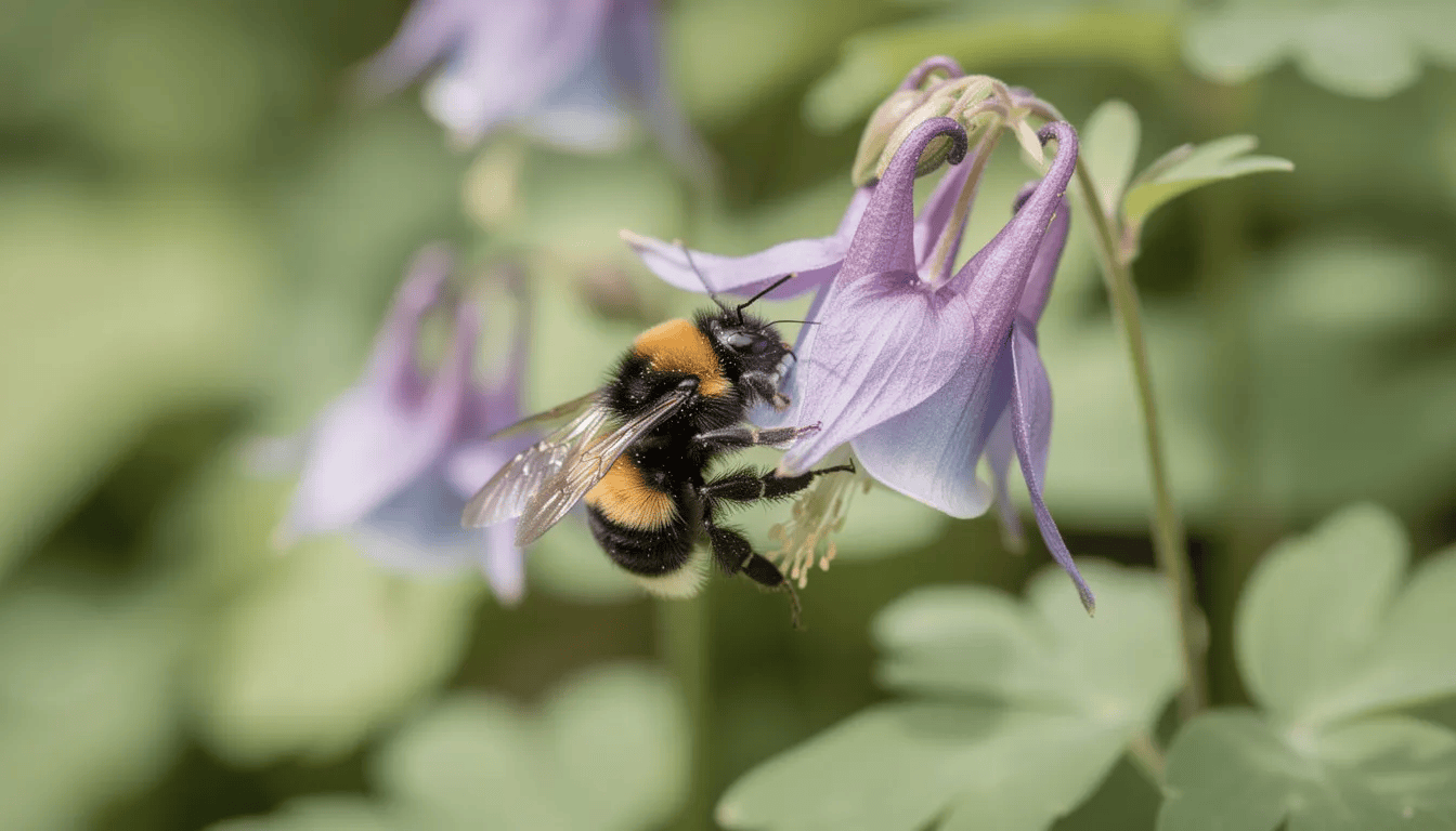 Na zdjęciu widoczny jest trzmiel zapylający białe kwiaty orlika ogrodowego (aquilegia vulgaris) w pięknym ogrodzie. Roślina ta, jako dekoracyjna bylina, kwitnie od maja, przyciągając owady do swojego urokliwego kwiatostanu.