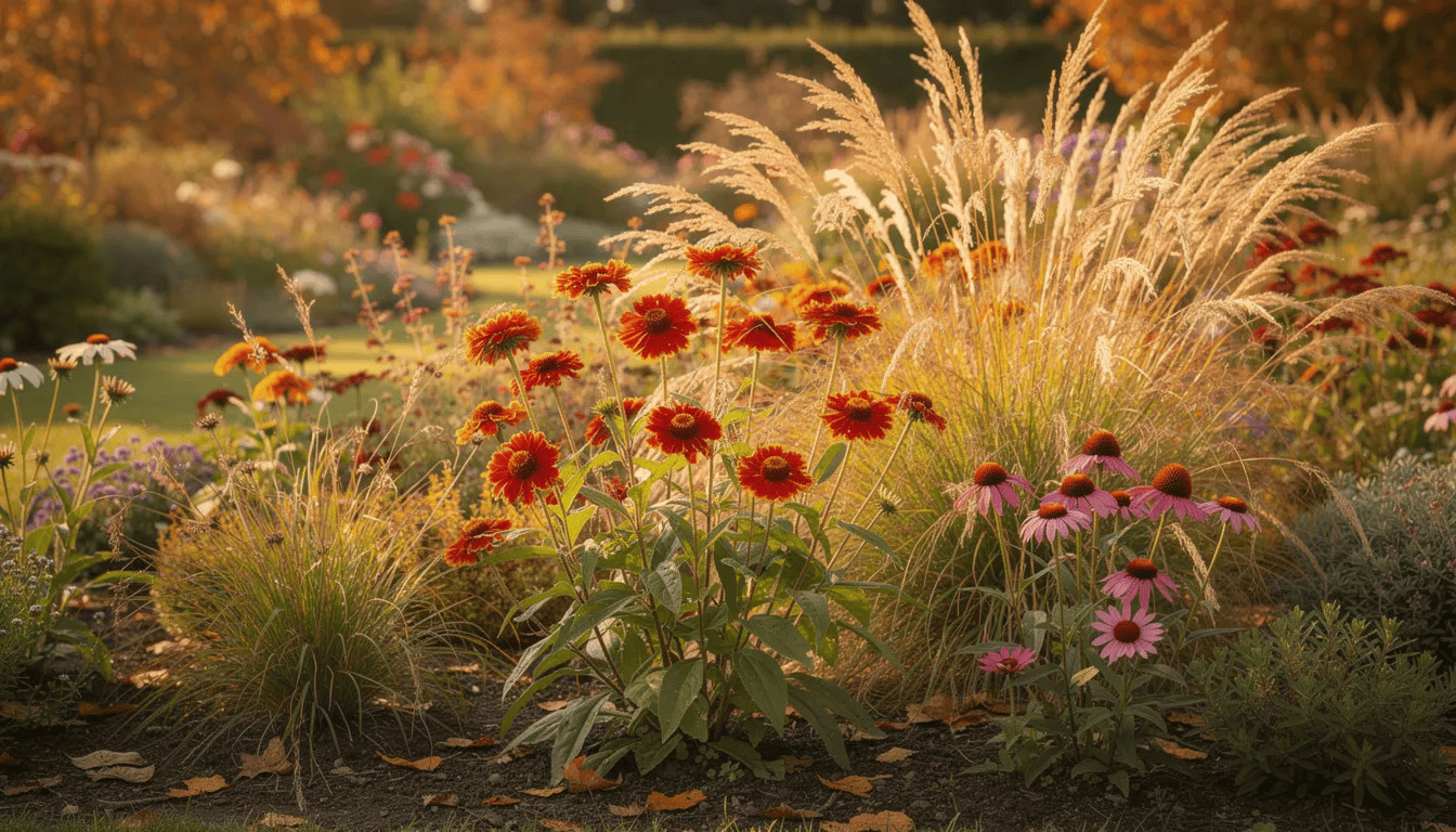 Na rabacie bylinowej w jesiennym słońcu rosną dzielżany ogrodowe, trawy ozdobne i jeżówki, tworząc kolorowy krajobraz z przekwitłymi kwiatostanami. Rośliny te, w ciepłych barwach, przyciągają pszczoły i zdobią ogród w drugiej połowie roku.