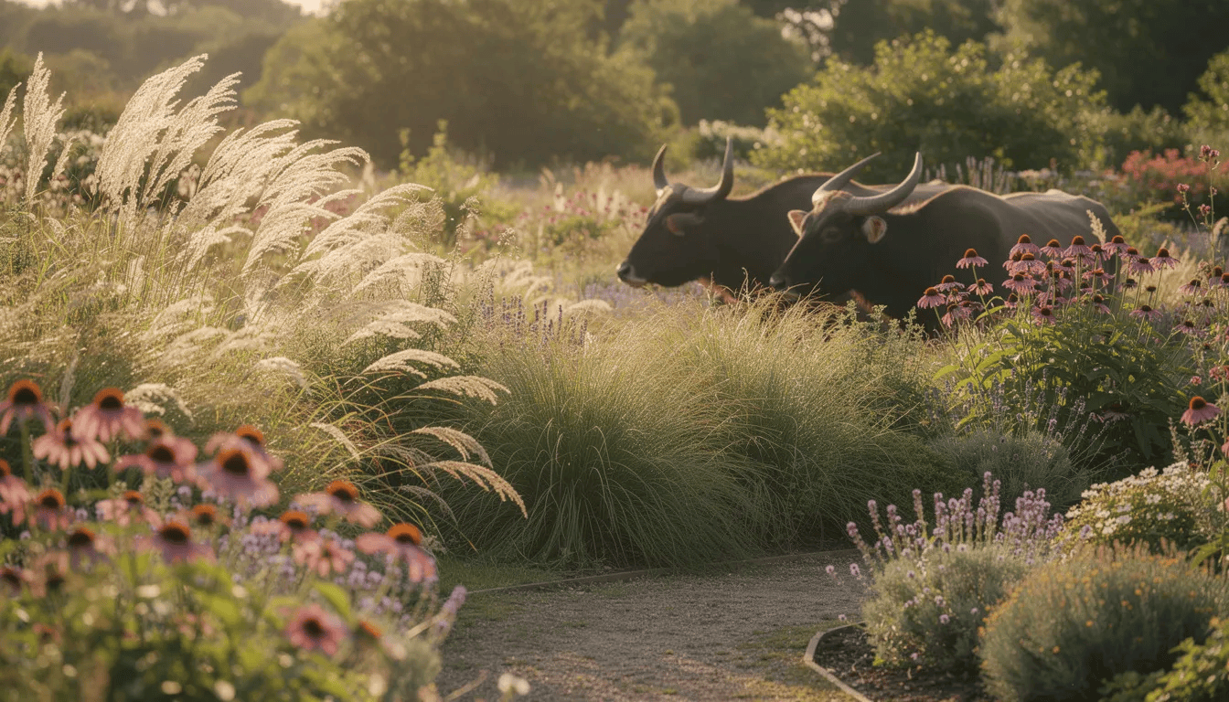 Na obrazie widoczny jest naturalistyczny ogród w letnim słońcu, w którym rosną młode sadzonki gaury lindheimeri z jasnoróżowymi kwiatami oraz ozdobne trawy i jeżówki. Ogród emanuje obfitym kwitnieniem, a jego rośliny preferują stanowiska słoneczne, tworząc harmonijną kompozycję w otoczeniu zielonych liści.