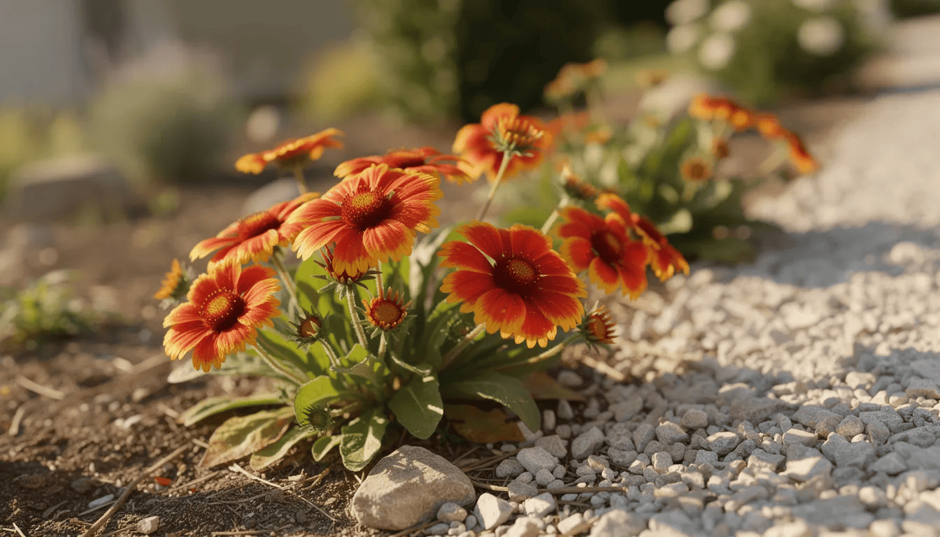 Na słonecznej skarpie obok żwirowej ścieżki w ogrodzie rośnie gailardia, charakteryzująca się dużymi, czerwonymi kwiatami, które pokryte są delikatnymi włoskami. Roślina ta, będąca przedstawicielem rodziny astrowatych, kwitnie przez całe lato i doskonale prezentuje się w słonecznych stanowiskach.